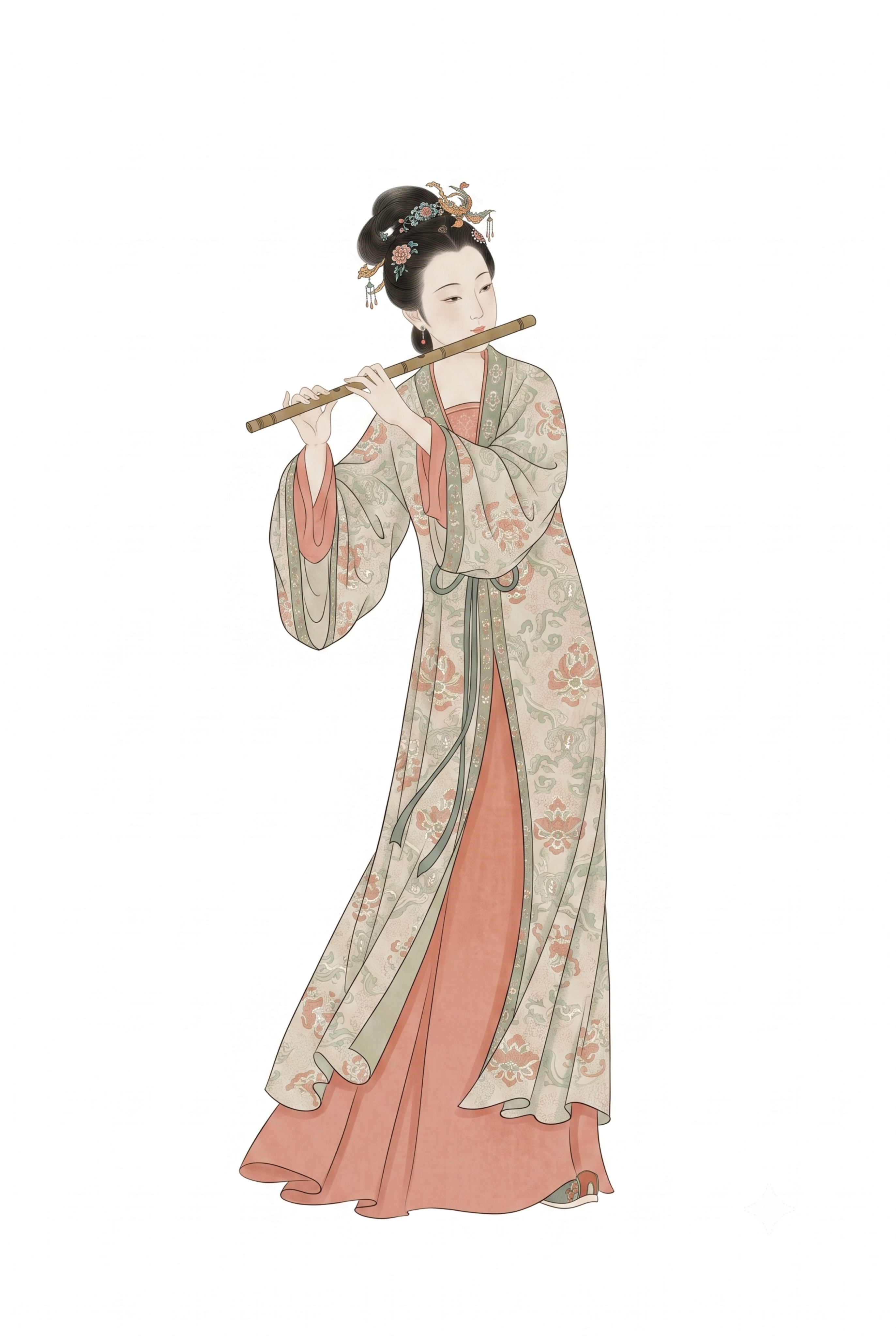 宋代风格仕女插画，仕女吹奏竹笛，参考参考图中人物的质感、比例、… - 图片创意预览