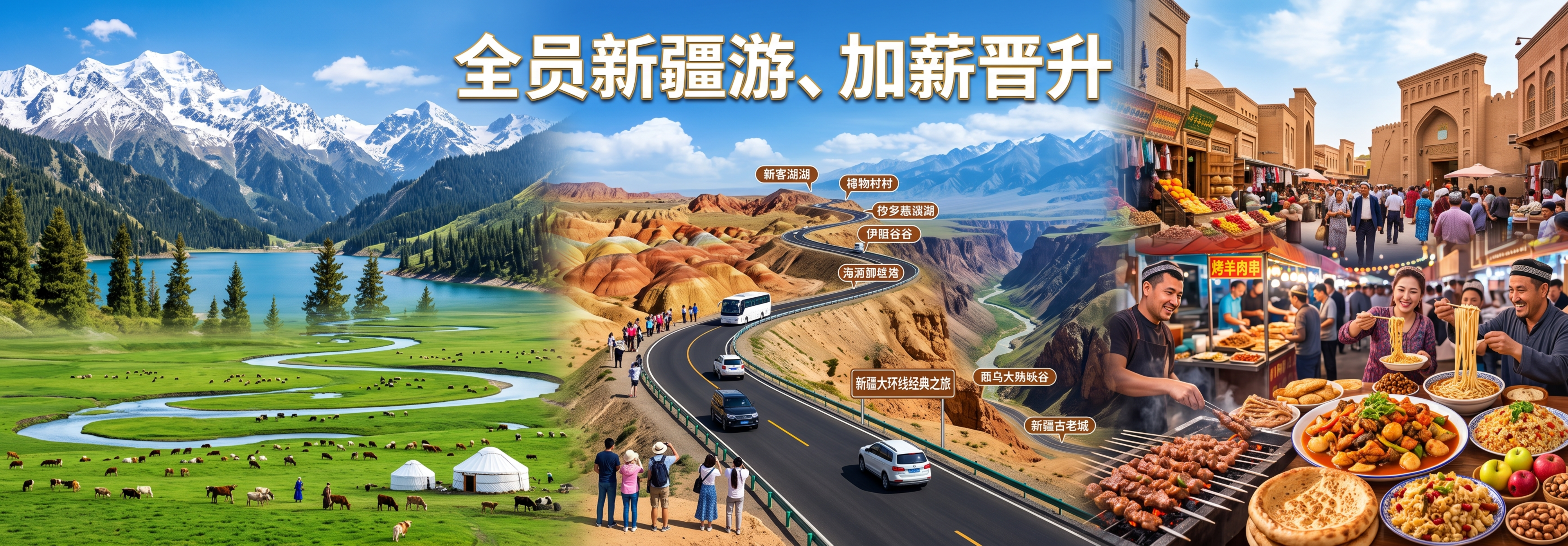 新疆游宣传长图，内容从左到右依次排列新疆著名景点、游玩线路、特… - 图片创意预览