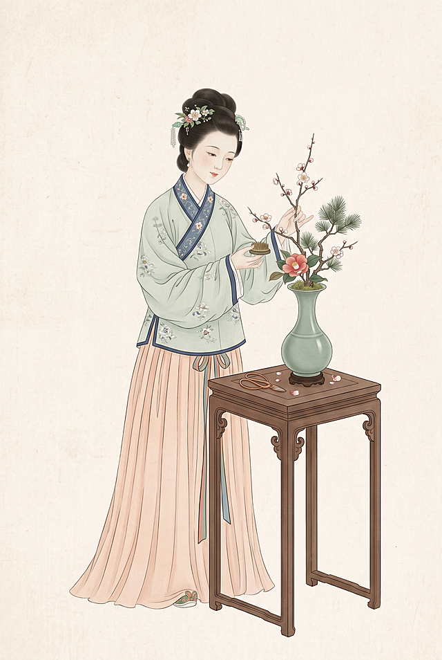 宋代风格仕女插画，仕女进行花道，参考参考图中人物的质感、比例、特征、风格及整体细节，单独完整呈现人物，除人物外无任何其他色块及元素，中式美学，宋式复古，4K高质量