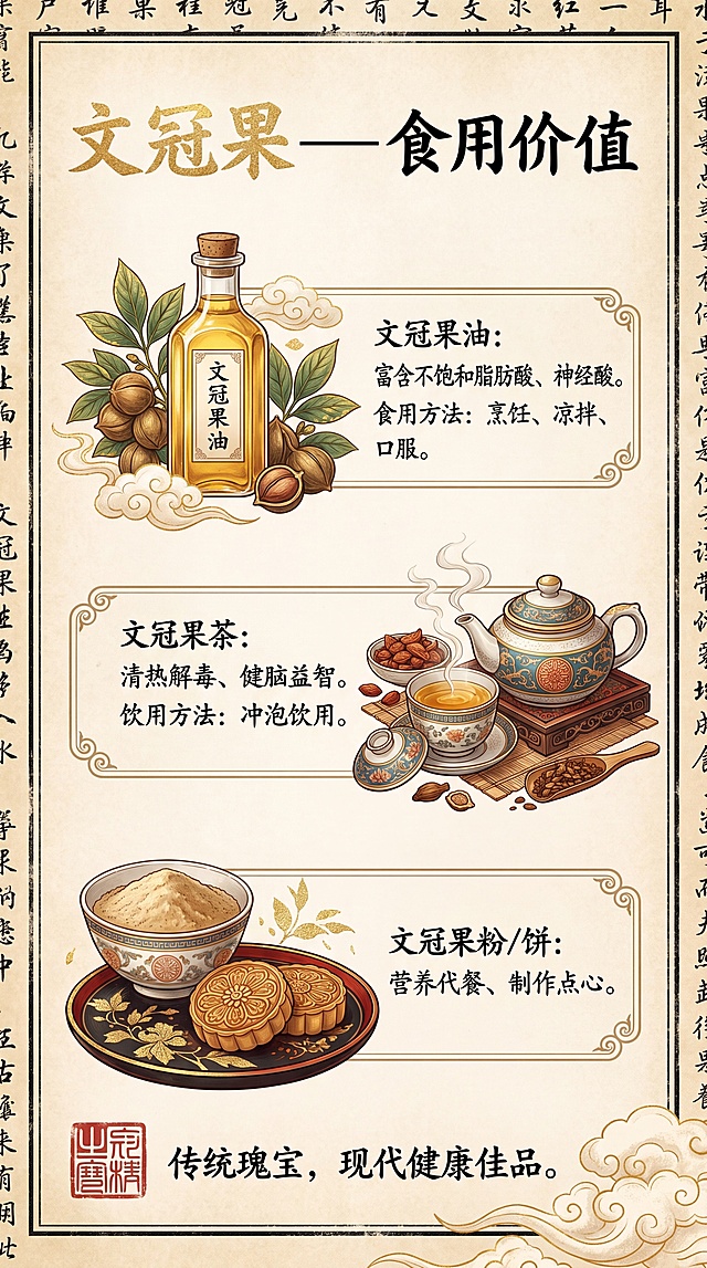 高端笔记本内页竖版彩页，主题文冠果食用价值，重新做专业平面设计，优化排版布局，增加高级国风设计细节和视觉层次，提升精致度，去除简单感，达到专业设计师出版物级设计水准，保持整体风格统一
