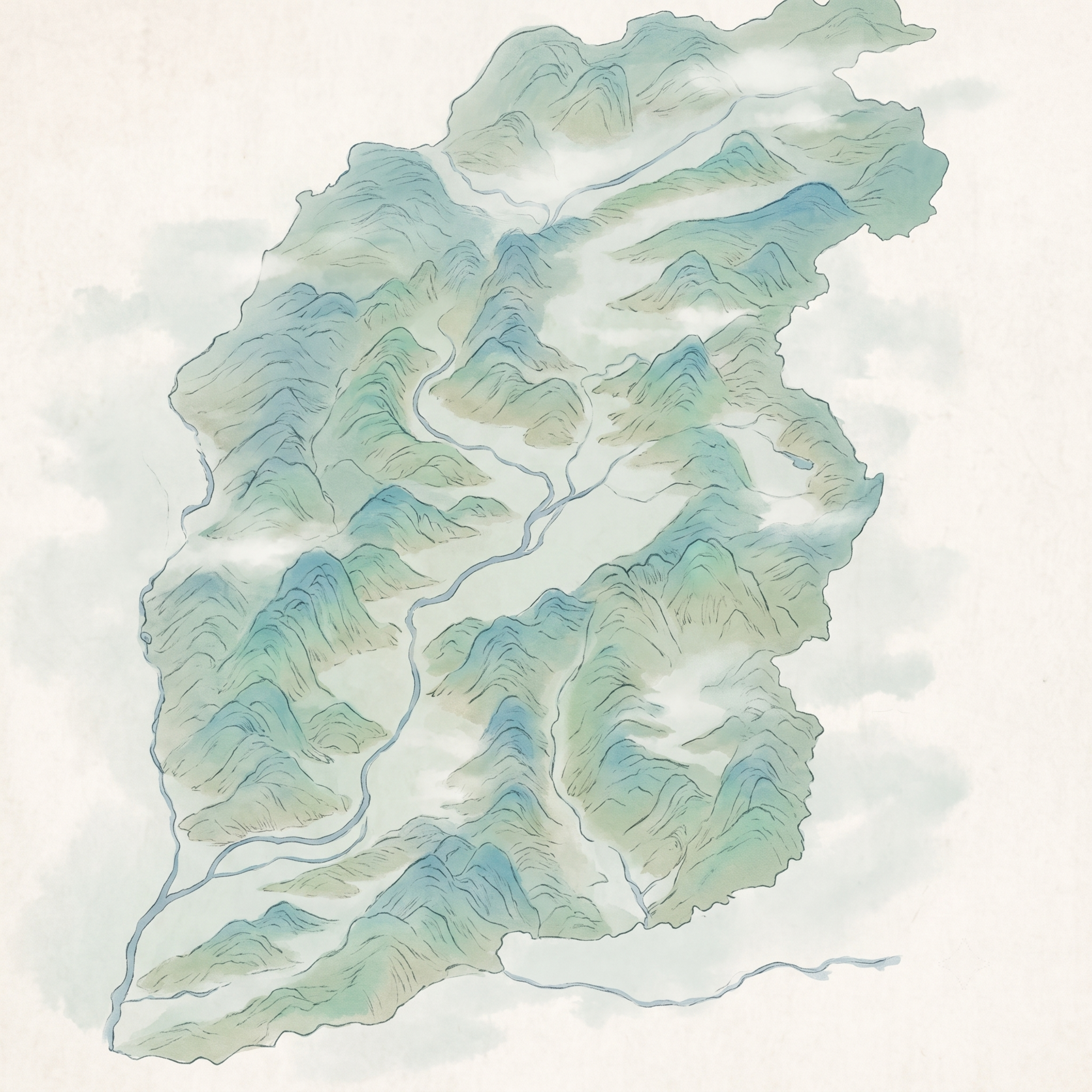 千里江山图风格，青绿设色古舆图，绘制晋中太行山余脉的平缓山地河… - 图片创意预览