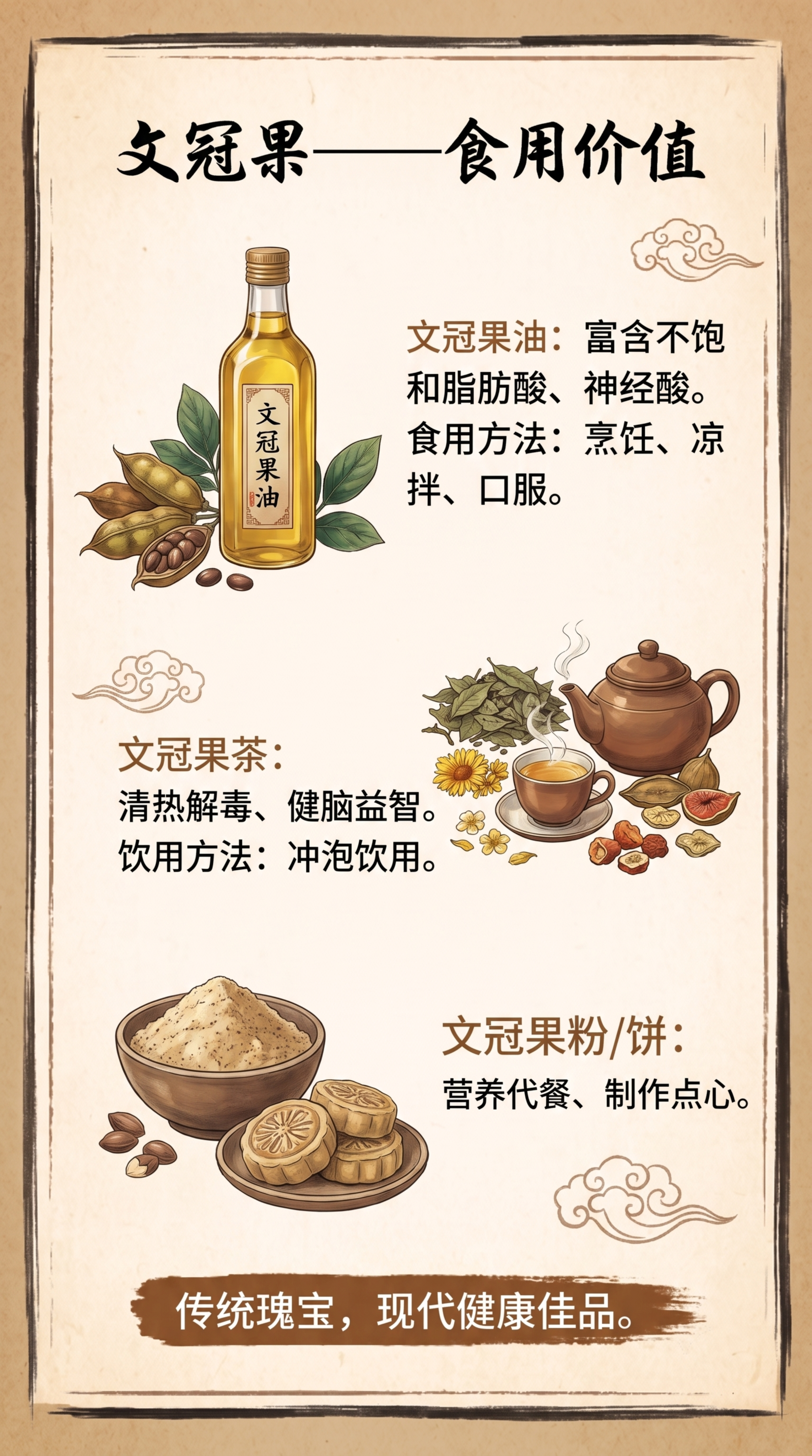 重新优化生成第二张文冠果食用价值竖版彩页，笔记本内页设计，国风… - 图片创意预览