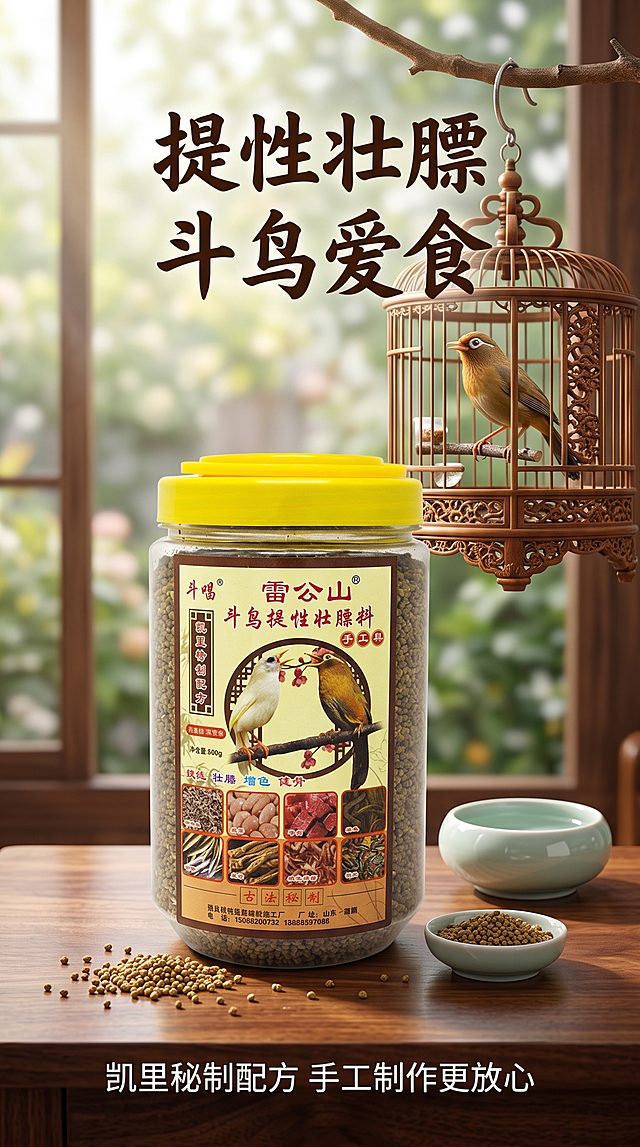 [第4屏] 详情页场景收尾屏-雷公山斗鸟提性壮膘料使用场景展示。本屏使用【图1】作为产品主体
[氛围/风格] 自然生活化场景，真实养鸟氛围，温馨舒适质感
[元素布局] 产品罐子放置在实木桌面，背景挂着精致鸟笼，笼中有画眉鸟，桌面散落少量饲料，周围布置鸟用水碗食缸，产品罐占比约50%，保留产品外观和包装文字和原图一致，场景元素层次丰富
[光影质感] 窗边柔和自然光，整体明亮自然，阴影过渡柔和，产品清晰突出
[配色色系] 全局底色 #E8F0E3，主色深棕色木色、绿色自然背景，辅助色产品标签米黄
[视角构图] 平视场景视角，景深适度虚化背景，突出产品主体
[文字版式] 顶部主标题「提性壮膘 斗鸟爱食」，底部副标题「凯里秘制配方 手工制作更放心」，主标题棕色书法大字居中，副标题黑色小字，整体排版舒适，文字不遮挡产品
[比例分辨率] 9:16 竖版比例，4K 分辨率，文字清晰可辨，高清画质
[负向提示词] 产品变形，包装文字错乱，颜色偏差，水印，背景杂乱