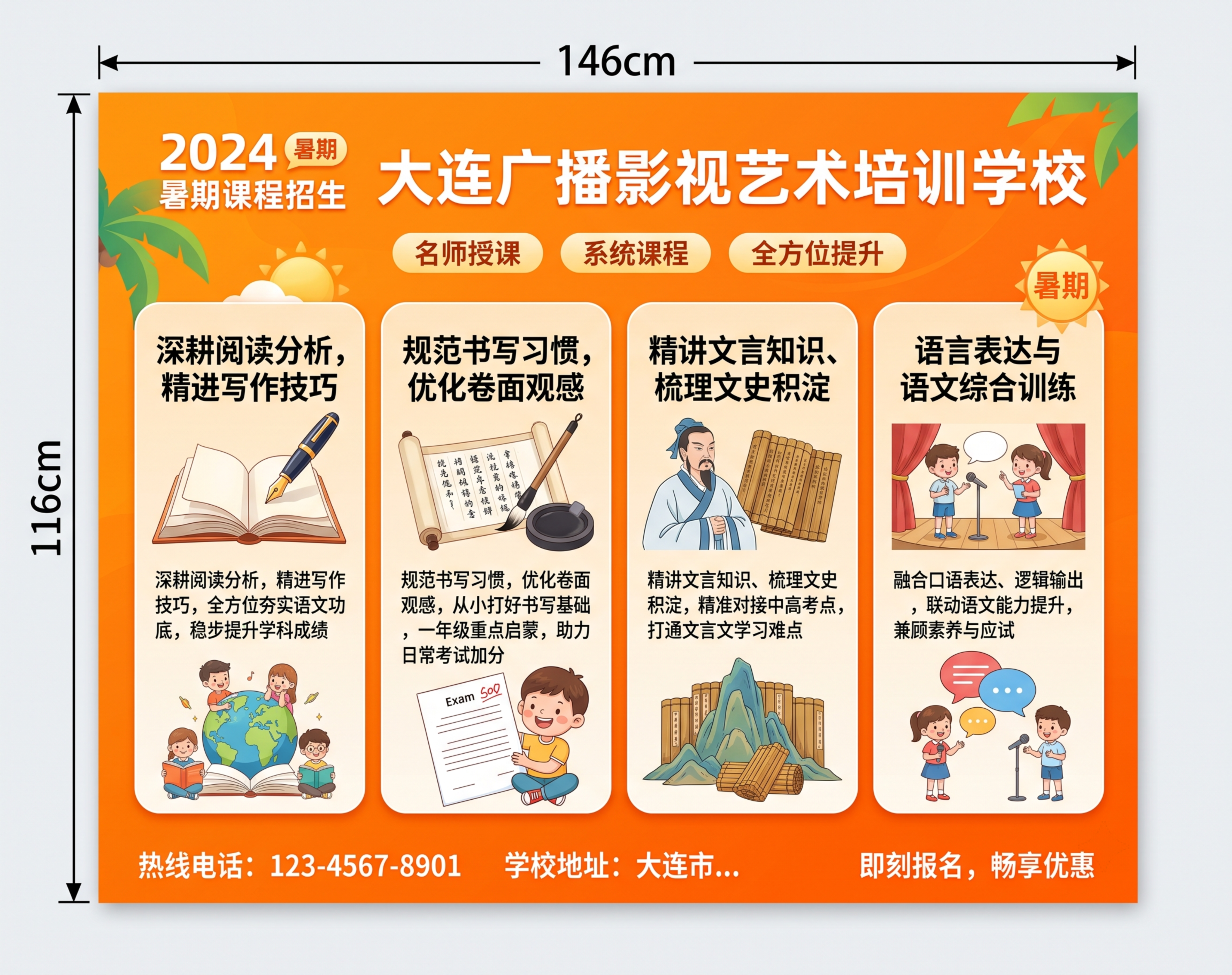 重新生成大连广播影视艺术培训学校暑期课程招生横版海报，尺寸14… - 图片创意预览