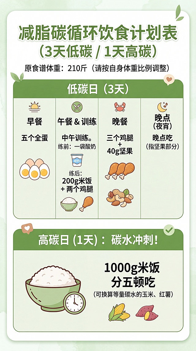 小红书风格减脂碳循环饮食计划表图片，清晰展示低碳日和高碳日饮食计划，包含用户提供的完整文字内容：碳循环三天低碳一天高碳，中午训练，低碳日练前一袋酸奶，练后200g米饭加两个鸡腿，早上五个全蛋，晚上三个鸡腿加40g坚果晚点吃；高碳日一天1000g米饭分五顿吃，可换算等量碳水的玉米红薯，这是210斤时的减脂食谱，大家按自身体重乘比例照着吃，整体风格清新干净，适合小红书平台，文字排版清晰易读，主色调绿色健康风