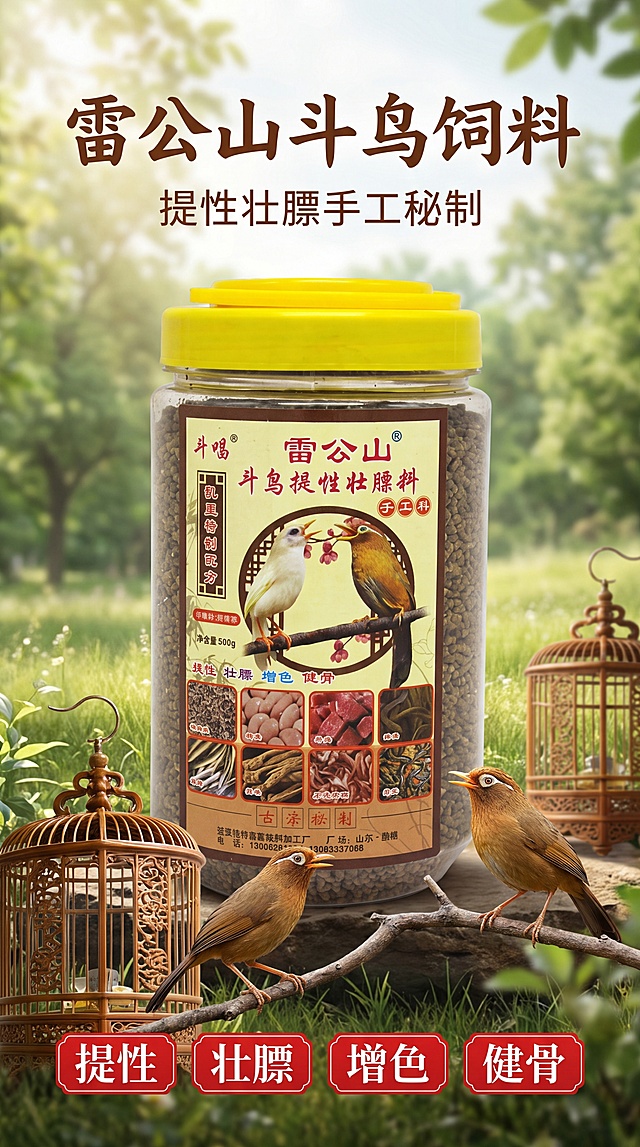 [第1屏] 详情页头图-雷公山斗鸟提性壮膘料商品宣传海报。本屏使用【图1】作为商品主体。
[氛围/风格] 自然户外风，接地气商业摄影质感，突出产品真实感
[元素布局] 商品罐身置于画面居中偏上，占比约70%；背景为虚化的树林草地，前景搭配真实鸟笼和画眉鸟装饰元素，保留产品包装形状、颜色、文字布局与输入图一致。
[光影质感] 顶部自然光柔和照明，底部自然投影，罐体标签文字清晰明亮，整体通透自然。
[配色色系] 全局底色 #F2F7E9；主色自然绿色、标签米黄色；辅助色深棕色标题、红色卖点点缀。
[视角构图] 正面平视，产品为绝对视觉中心，阅读动线从上到下，标题→产品→底部卖点。
[文字版式] 版式为顶部标题 + 中部产品 + 底部卖点信息条。主标题「雷公山斗鸟饲料」，副标题「提性壮膘手工秘制」，主标题用书法风格棕色大字居中；底部分四个卖点标签「提性」「壮膘」「增色」「健骨」，红底白字排列；文字不遮挡罐体主体。
[比例分辨率] 9:16 竖版比例，4K 分辨率，文字清晰可辨，高清画质。
[负向提示词] 罐体变形，包装文字错乱，缺件错件，颜色偏差，水印，文字过小，背景杂乱