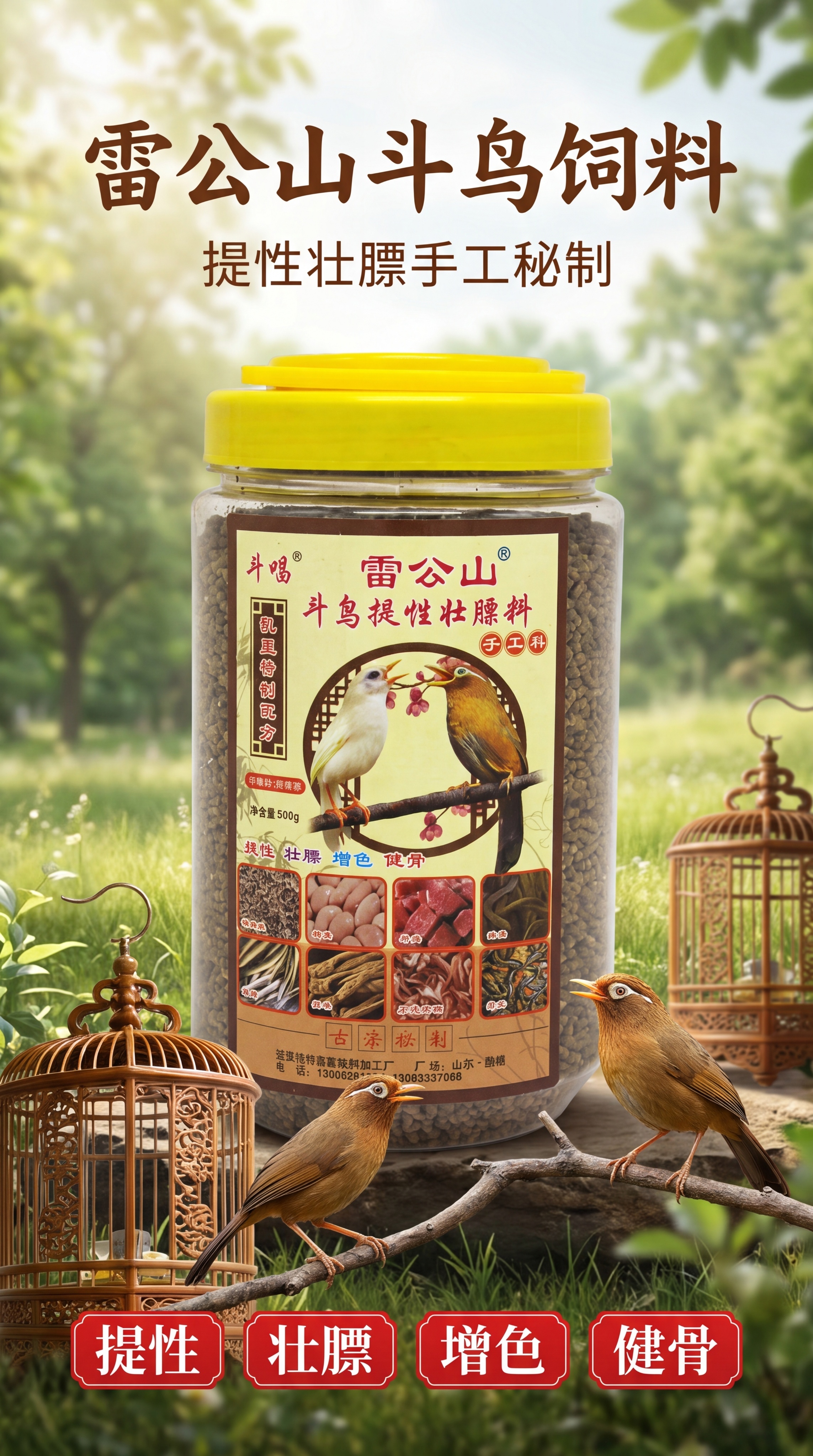 [第1屏] 详情页头图-雷公山斗鸟提性壮膘料商品宣传海报。本屏… - 图片创意预览