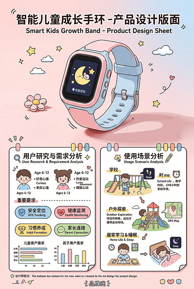 「图片1」生成两张A3版面设计，智能儿童成长手环，手环监测睡眠作息、日常步数、运动时长。版面内容包括：
用户研究与需求分析；使用场景分析：
产品功能架构图：
产品草图与方案推导：设计名称、设计说明：产品效果图、细节图：APP交互界面设计。