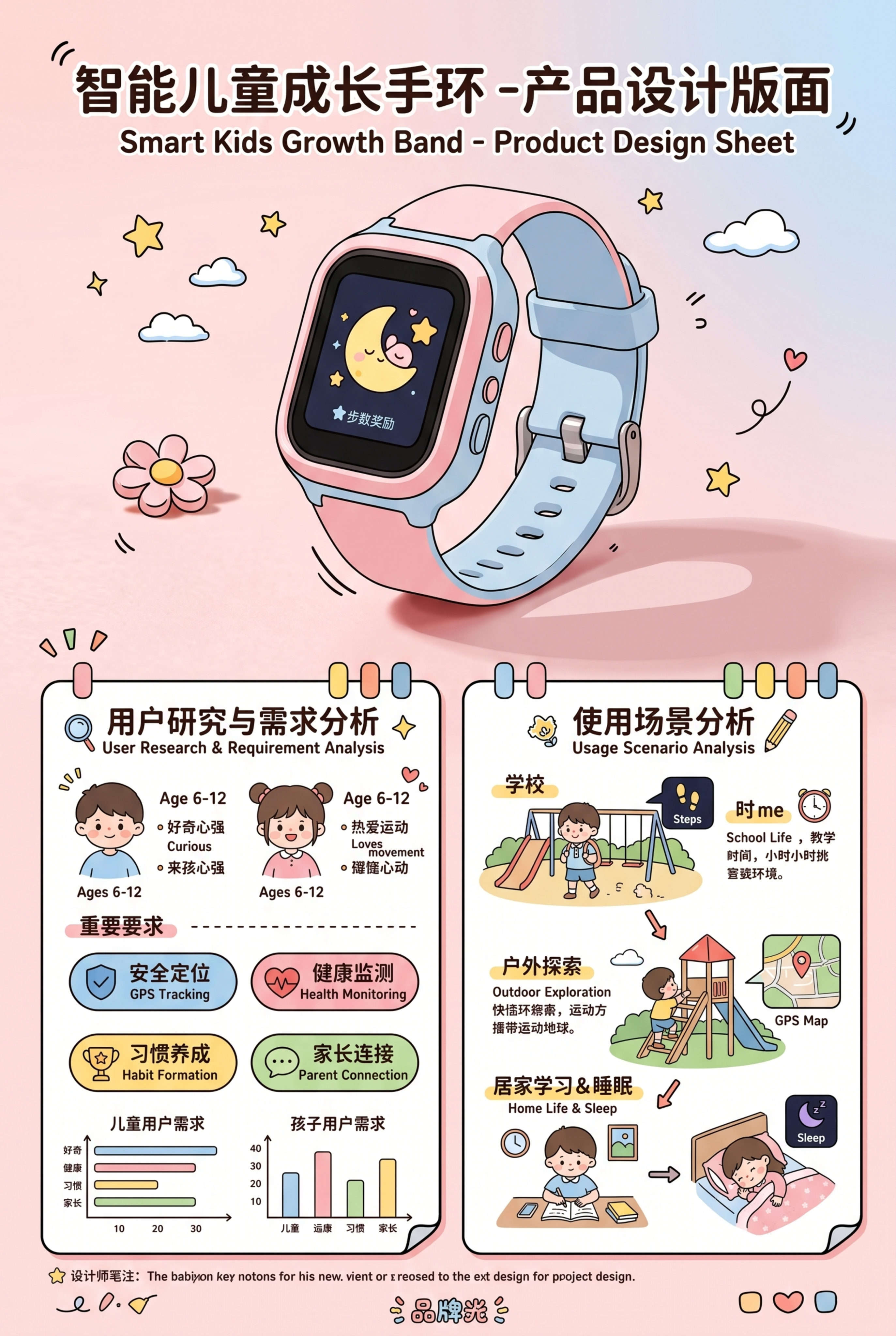 「图片1」生成两张A3版面设计，智能儿童成长手环，手环监测睡眠… - 图片创意预览