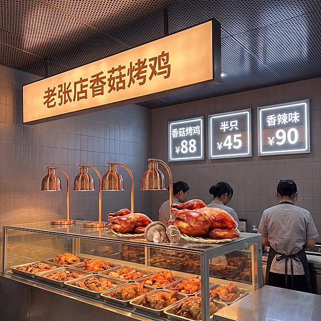 淄博烤鸡，严格参照上传产品图，完整保留所有可见组件、轮廓、结构、比例、材质、颜色与产品本体上的文字信息，与上传图完全一致。
大卖场室内店中店熟食柜台场景，暖灰橙调配色，整体贴合淄博烤鸡产品形象。
保留参考图正面顶光暖调光源性质，产品受光面泛起暖橙色，暗部与边缘映射深灰色光晕，与环境物理融合。
主体产品位置居中，完整展示柜台场景，中景平视，微偏转20°视角。
全量换款清单：①天花板：参考图黑色条状格栅吊顶 → 生成深灰色微孔铝扣板吊顶；②背景墙：参考图深灰色方块瓷砖 → 生成浅灰色哑光瓷砖；③保温灯：参考图5盏铜色锥形保温灯 → 生成5盏玫瑰金色弧形保温灯（同品类同材质，仅换款式造型）；④价格灯箱：参考图3个小型矩形橙色价格灯箱 → 生成3个方形发光灯箱配白色发光字，内容为淄博烤鸡相关价格信息；⑤中央吊楣：参考图椭圆形布艺卤味吊旗 → 生成长方形广告形象发光吊楣，内容为"老张店香菇烤鸡"；⑥柜台餐盘：参考图多个长方形牛皮纸餐盆装半成品卤味 → 生成多个长方形食品托盒摆放淄博烤鸡产品；⑦工作人员：参考图三位中国女性工作人员背对镜头 → 保留三位中国女性工作人员（中国+女性+工作人员+东亚面孔+黑发+棕黑色眼睛+自然五官+日常自然妆感），姿态不变，仅更换服装款式，其中右侧工作人员换浅灰色工作服配黑色围裙。
场景需包含灯箱、发光字、广告形象吊楣设计，整体是熟食店中店的售卖场景，热闹有烟火气。
消除产品本体之外多余的营销信息和文字。
4K 分辨率，严格锁定宽高比为 1:1。