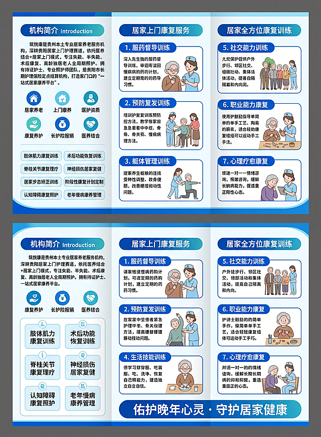 设计筑悦康养老机构三折页第二面内页，成品尺寸210mm×285mm三等分，主色深海蓝#165DFF、浅天蓝、纯白，浅青蓝辅助，深浅蓝渐变，圆角模块，卡通老人插画，分栏排版。左栏机构简介+服务体系：蓝绿色渐变标题条机构简介 Introduction：筑悦康是贵州本土专业居家养老服务机构，深耕贵阳居家上门护理赛道，依托医养结合+居家上门模式，专注失能、半失能、术后康复、高龄独居老人全周期照护。拥有持证护士、专业照护师团队，是贵阳市长期护理保险定点结算机构，打造家门口的“一站式居家康养平台”。着力打造圆形图标排版：居家养老、上门康养、医护资质、康复养护、长护险报销、医养结合。康复服务列表方格排版：肢体肌力康复训练、术后功能恢复训练、脊柱关节康复理疗、神经损伤居家复健、居家步态矫正训练、阶段性康复计划定制、认知障碍康复照护、老年慢病康养管理。中间栏康复服务内容：标题居家上门康复服务，1.服药督导训练：指导正确服药，梳理慢病用药方案，养成规律服药习惯。2.预防复发训练：针对中风、骨关节、慢病患者居家居家预防训练，教会家属应急护理方式。3.躯体管理训练：针对性肢体拉伸、肌力锻炼，改善肢体僵硬、行动不便问题。4.生活技能训练：帮助长者重新掌握穿衣、进食、洗漱等自理能力，重建独立生活信心。右侧栏七大康复训练模块搭配卡通插画：标题居家全方位康复训练，5.社交能力训练：陪同户外散步、邻里社交、集体活动，改善孤僻内向状态。6.职业能力康复：适合轻度康复人群，锻炼动手能力，参与简单手工休闲活动。7.心理疗愈康复：一对一情绪疏导，缓解久病压抑、抑郁情绪，重建积极心态。底部深蓝色大字收尾标语：佑护晚年心灵 · 守护居家健康。设计细节：所有文字模块统一白色底色+圆角矩形边框，标题栏深蓝渐变底色，每个服务模块搭配扁平化卡通护理康复陪伴场景插画，分割线条浅蓝细线条，绿色仅点缀，文字层级：大标题加粗深蓝色，正文深灰色小字，重点服务项目加粗高亮，整体干净清爽，商务又温暖。