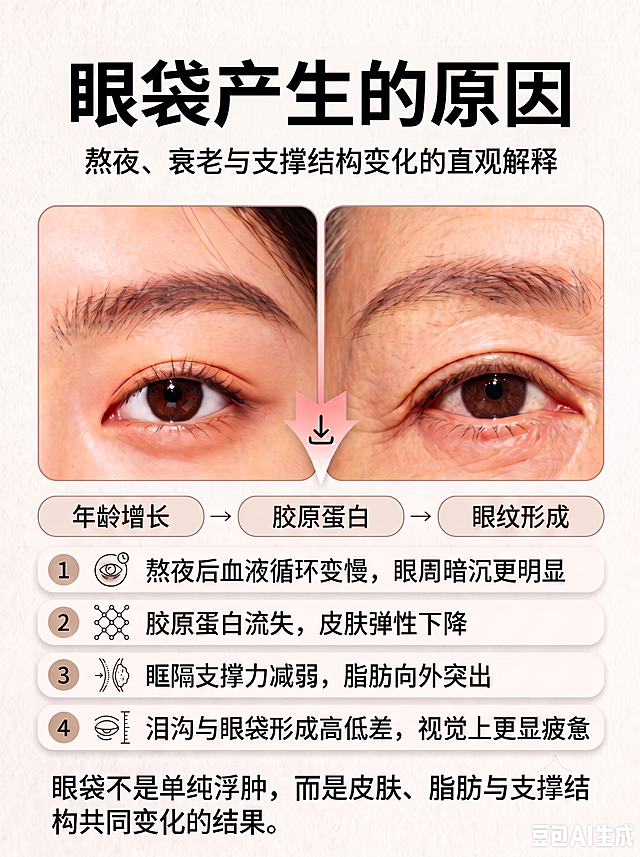 更换标题“眼袋产生的原因”花字效果，换成简约干净加粗黑色字体，去掉当前复杂立体效果，保持标题放大和小红书3:4比例，其余内容不变