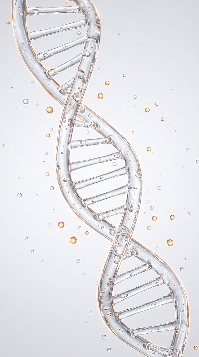 Vertical 9:16, ultra-realistic 8K CGI medical skincare concept image, main subject: a complete DNA double helix structure made of transparent viscous liquid essence, the spiral ladder is spliced by clear, thick serum flow. Countless transparent tiny serum bubbles and glowing micro-capsules float around the DNA helix. Scene: minimalist pure suspension space, pristine clinical white and light silver background, PDRN skin repair and soothing ingredient theme. Style: photorealistic 3D render, biological molecular visualization, fluid glass texture, high-end commercial cosmetic advertising aesthetic. Color palette: clean pure white and silver background, the liquid DNA helix is crystal clear with a faint, luxurious glowing amber-orange aura (representing Salmon DNA), overall clinical, pure and warm-tech tone. Composition: vertical centered shot, DNA double helix extends vertically from top left to bottom right of frame, fills most of the picture. Details: soft diffused cinematic studio lighting, beautiful light refractions and sparkling highlights on the viscous liquid surface, subtle luminous amber-orange outline on the edge of the fluid structure, no hard shadows, smooth silky serum texture, clean blank space, pure luxurious repairing tech atmosphere, no noise, sharp clear details --ar 9:16