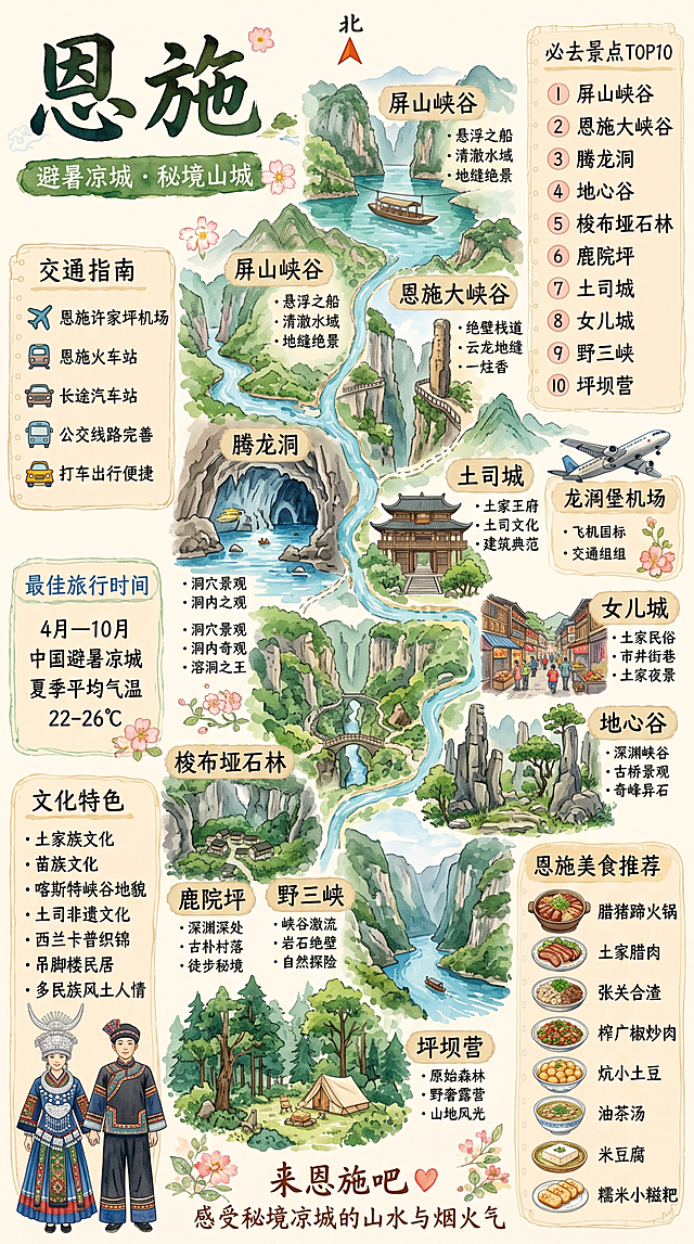 竖版9:16淡彩水彩手绘旅游地图，1:1复刻参考贵阳手绘地图的构图、分栏、边框、文字排版与国风手绘画风，顶部正北红色三角指南针。顶部大字书法标题“恩施”，绿色圆角副标题“避暑凉城·秘境山城”，四周点缀粉色野花。画面中间是恩施全域喀斯特山水手绘地图，清江贯穿群山峡谷，手绘屏山峡谷、恩施大峡谷、腾龙洞、土司城、女儿城、地心谷、梭布垭石林、鹿院坪、野三峡、坪坝营，每个景点附带竖排小字介绍。严格分5个文字文本框，地理位置和地图一致：1.左上角【交通指南】，搭配飞机、火车、汽车小图标，文字：恩施许家坪机场、恩施火车站、长途汽车站、公交线路完善、打车出行便捷；2.左中【最佳旅行时间】，文字：4月—10月，中国避暑凉城，夏季平均气温22-26℃；3.左下角【文化特色】，文字：土家族文化、苗族文化、喀斯特峡谷地貌、土司非遗文化、西兰卡普织锦、吊脚楼民居、多民族风土人情，左下角画一对土家盛装男女手绘人物；4.右上角【必去景点TOP10】带圆圈数字序号：①屏山峡谷②恩施大峡谷③腾龙洞④地心谷⑤梭布垭石林⑥鹿院坪⑦土司城⑧女儿城⑨野三峡⑩坪坝营；5.右下角【恩施美食推荐】，8个手绘小碗美食插画：腊猪蹄火锅、土家腊肉、张关合渣、榨广椒炒肉、炕小土豆、油茶汤、米豆腐、糯米小糍粑。画面底部居中文字：来恩施吧 ❤ 感受秘境凉城的山水与烟火气，两侧花草藤蔓。线条柔和，清新国风淡彩，山林溪流细节丰富，文字工整锐利无锯齿，4K商用高清，整体布局和参考图100%匹配，无文字错乱。