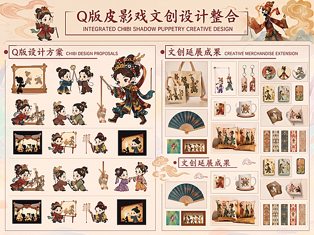 只保留参考图中的皮影戏Q版动漫设计区和衍生品延展设计区，将这两个设计板块整合到一张纸上，保持原图国潮风格、排版和配色不变，去除其他内容板块