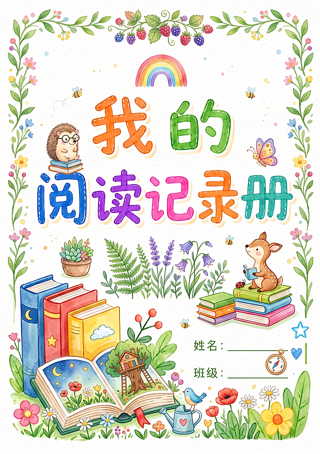 重新设计一款适合小学生的阅读记录册封面，参考原图水彩手绘风格，保留标题“我的阅读记录册”和姓名班级填写栏，更换全新的卡通动植物和书本搭配，保持清新童趣的手绘水彩风格，色彩明亮活泼