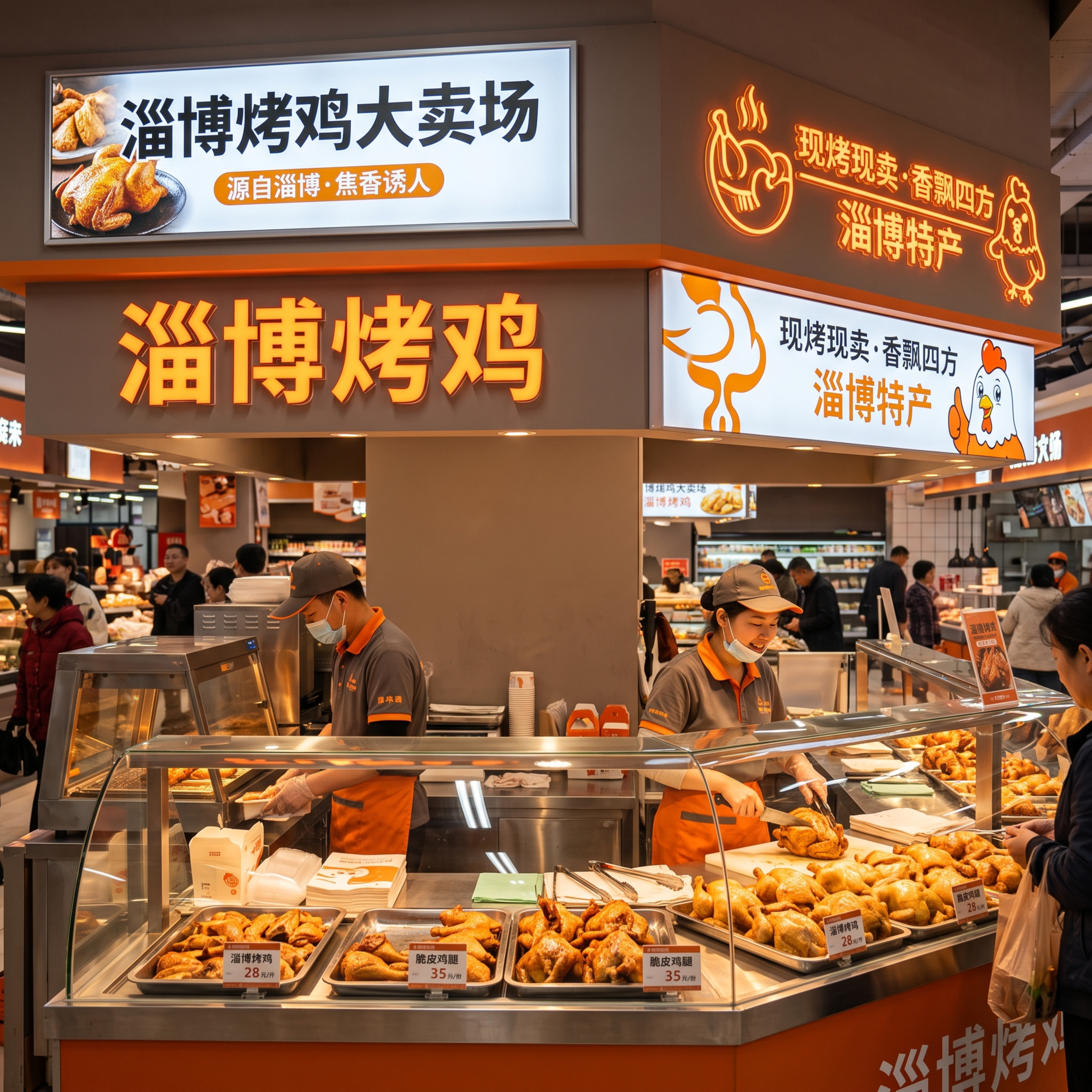第七次重新生成，淄博烤鸡大卖场熟食柜台店中店场景图，暖灰色搭配… - 图片创意预览