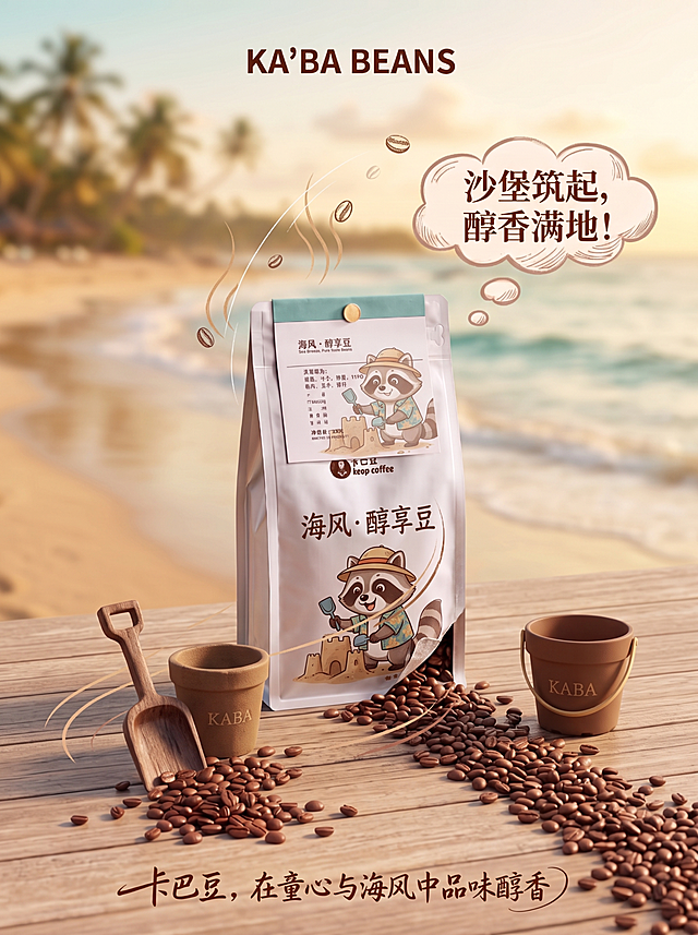 参考原图小浣熊咖啡包装风格，生成一张海边主题咖啡海报，咖啡豆撒出来，更换所有素材，画面有趣味性，保持小浣熊卡通插画风格和棕色调简约设计
