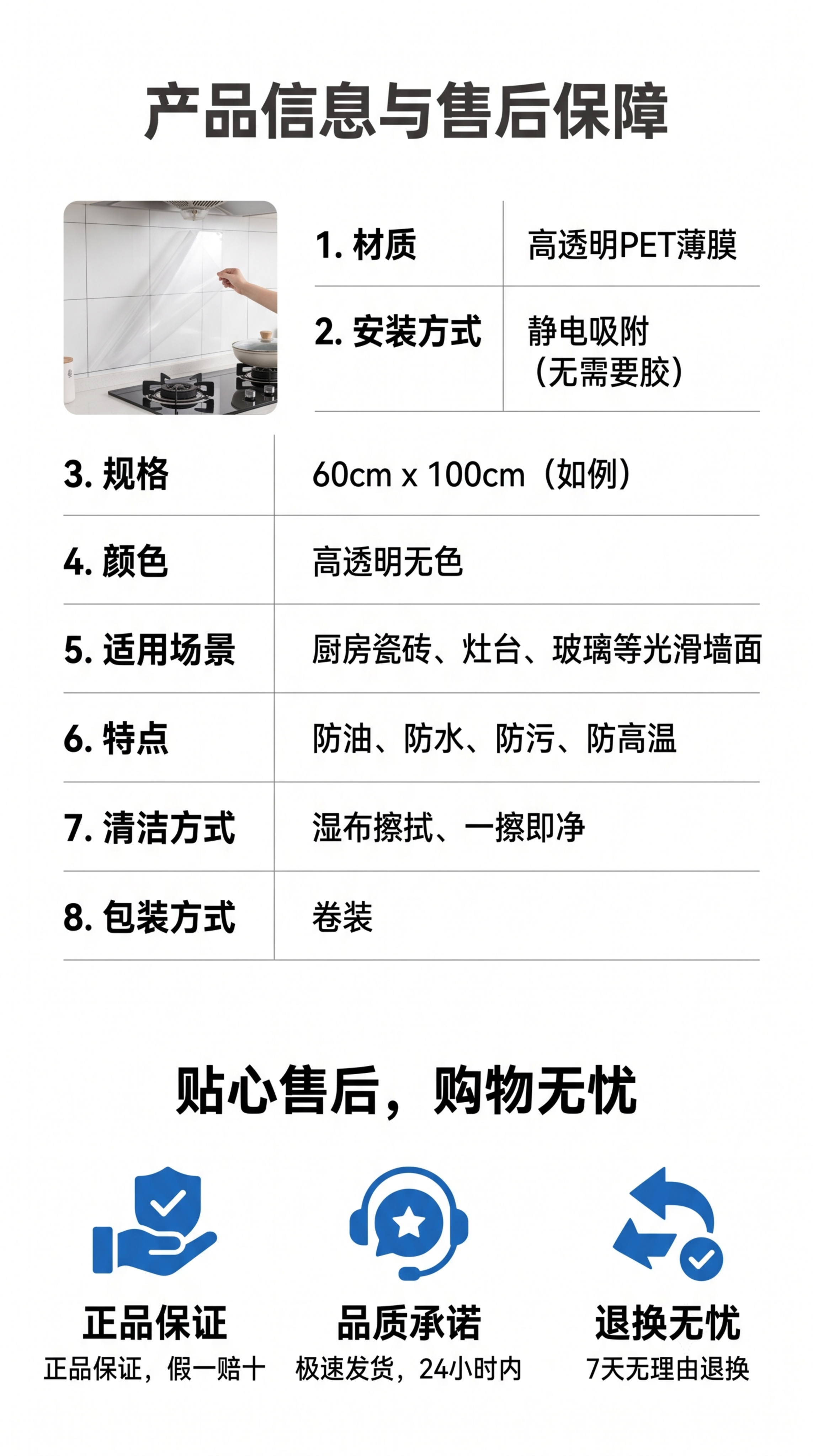 [第8屏] 规格参数与售后保障屏，厨房防油污静电贴完整信息展示… - 图片创意预览