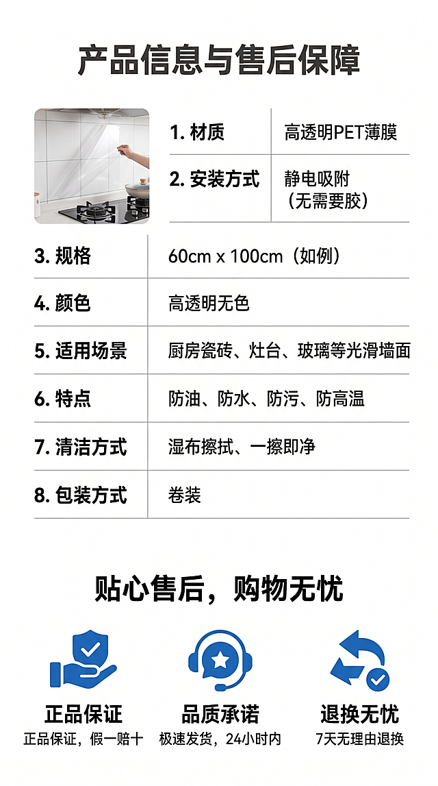 [第8屏] 规格参数与售后保障屏，厨房防油污静电贴完整信息展示。
[氛围/风格] 清晰信息卡风格，简约专业，信息完整易读。
[元素布局] 左上角放置产品小图，右侧排列规格参数表，底部放置售后保障说明；参数分栏排列，清晰整齐，售后部分配简单服务图标，整体排版松紧合适不拥挤。
[光影质感] 均匀柔光，信息清晰，没有强烈明暗对比，阅读舒适。
[配色色系] 纯白色背景，参数标题深灰色，内容黑色，保障图标蓝色点缀，干净清晰。
[视角构图] 上下分栏构图，产品图在上，参数在中，保障在下，符合从上到下阅读习惯。
[文字版式] 顶部标题「产品信息与售后保障」加粗；参数清晰列出：材质：高透明PET薄膜，安装方式：静电吸附；保障文案：「贴心售后，购物无忧」，文字大小均匀，手机端清晰可读，参数对齐整齐。
[比例分辨率] 9:16竖版比例，宽度1080像素，高度1920像素，4K分辨率，文字清晰可辨，高清画质。
[负向提示词] 参数排版混乱，文字错乱，文字过小，缺项错项，水印