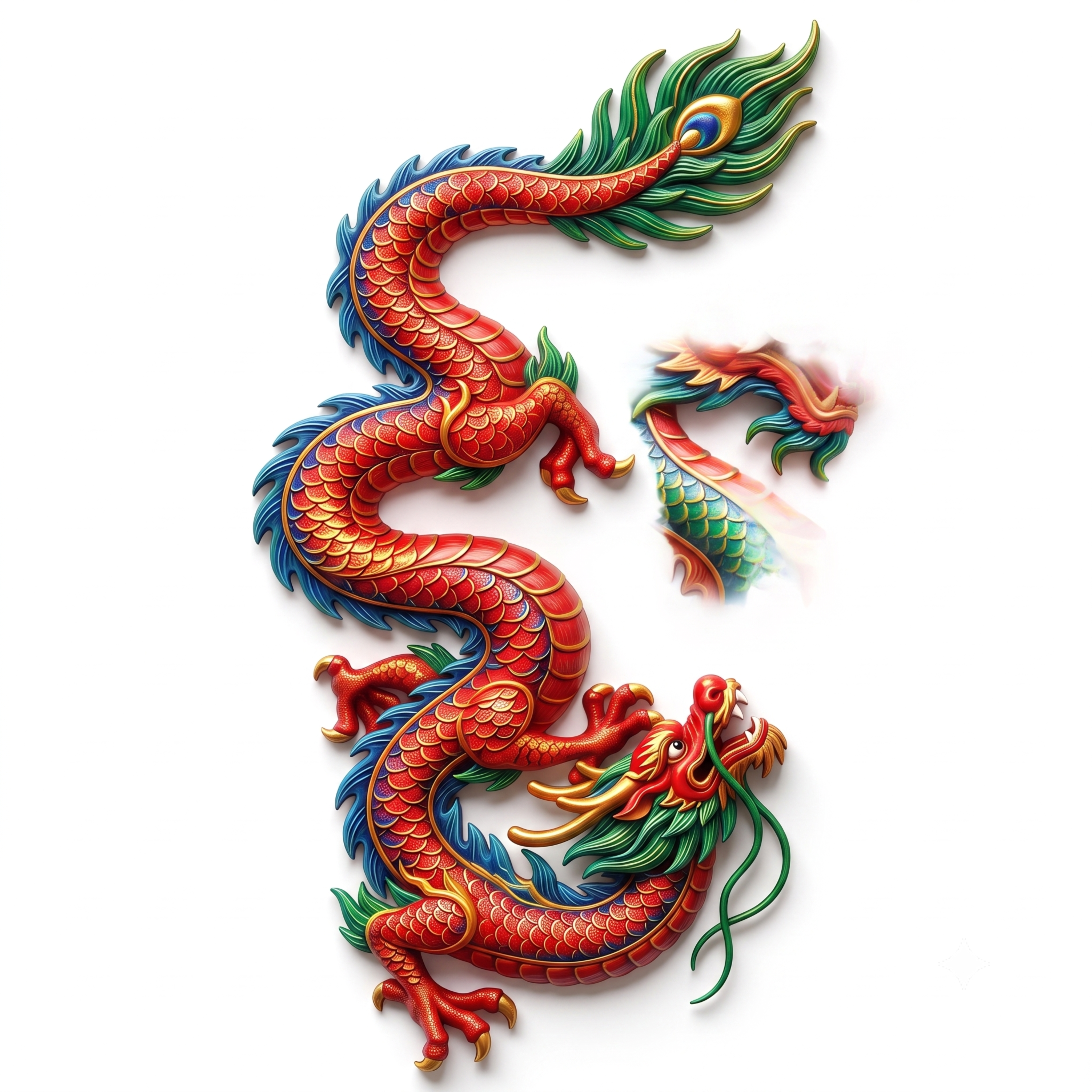 保留第一张图龙的红绿蓝金色国潮配色和3D立体浮雕效果，将龙的姿… - 图片创意预览