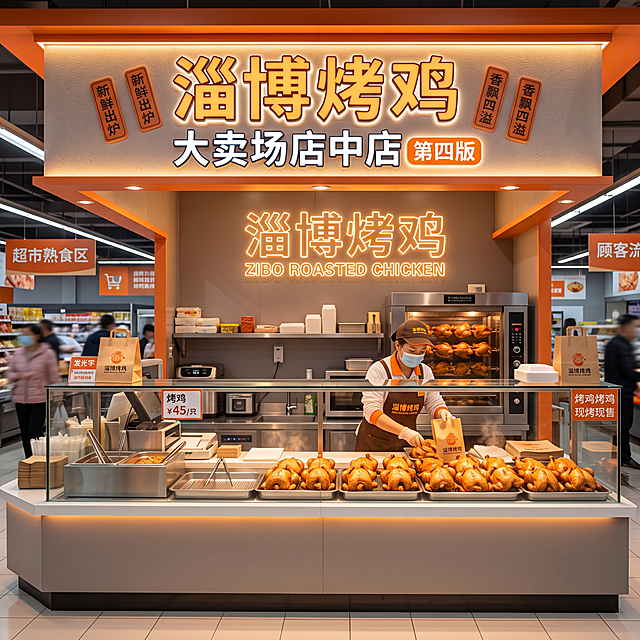重新生成第四版淄博烤鸡大卖场店中店熟食柜台场景图，暖橙灰色调，要求图中包含灯箱、发光字、发光广告吊楣，柜台整齐摆放烤鸡产品，工作人员在柜台后方，明亮干净、富有熟食售卖的烟火食欲感，严格锁定1:1比例，4K分辨率