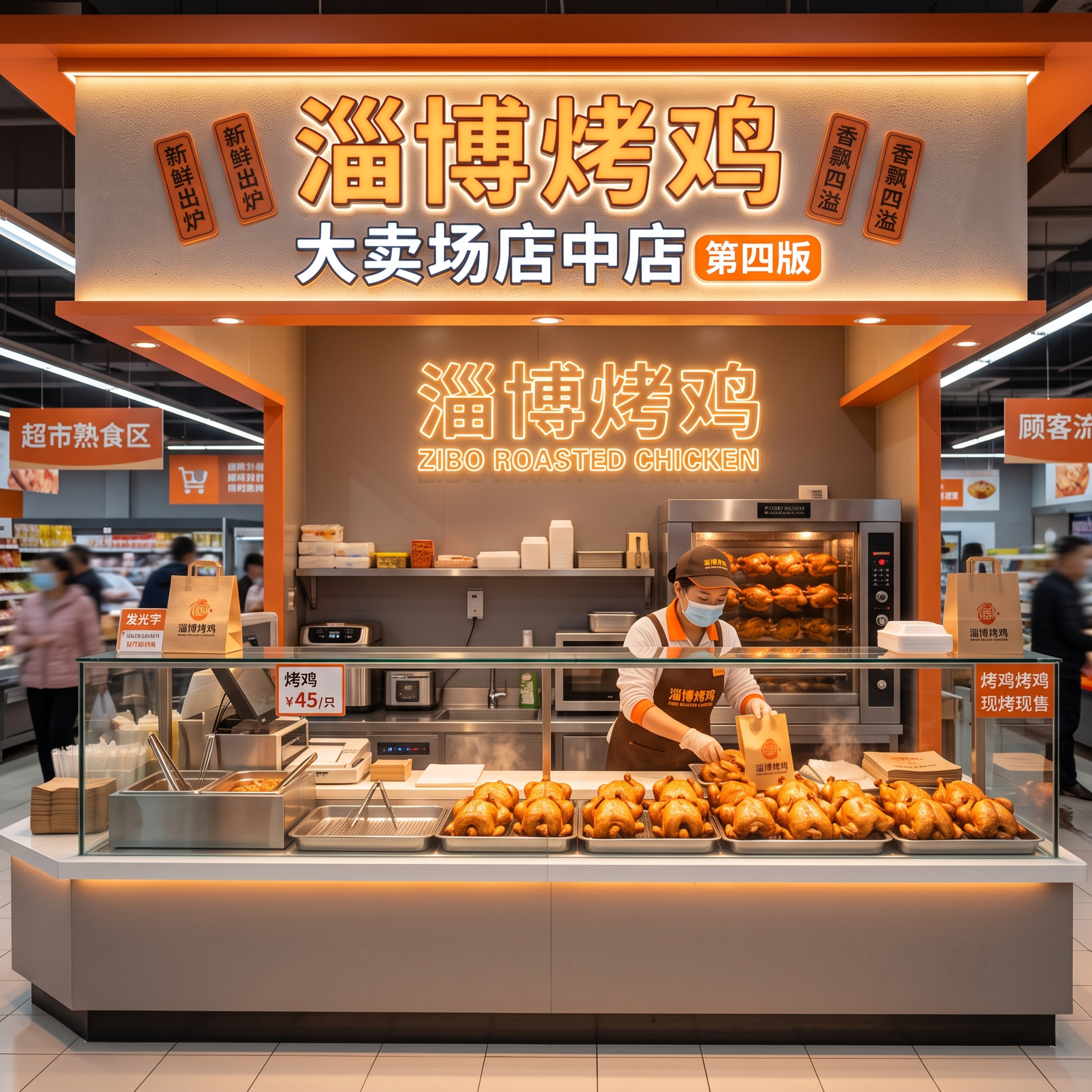 重新生成第四版淄博烤鸡大卖场店中店熟食柜台场景图，暖橙灰色调，… - 图片创意预览
