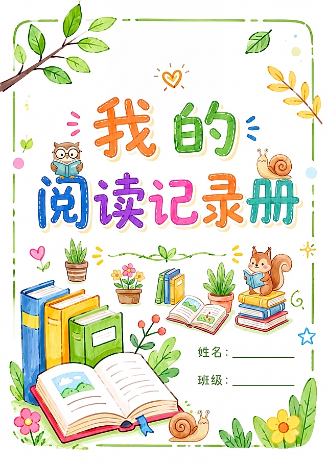 参考原图水彩手绘风格，制作适合4-5年级小学生的阅读记录册封面，保留绿色枝叶边框、彩色艺术字标题“我的阅读记录册”、右下角姓名班级填写栏，增加卡通书籍和植物花草元素，风格活泼童趣，符合中高年级小学生审美，色彩明亮清新，儿童手绘水彩