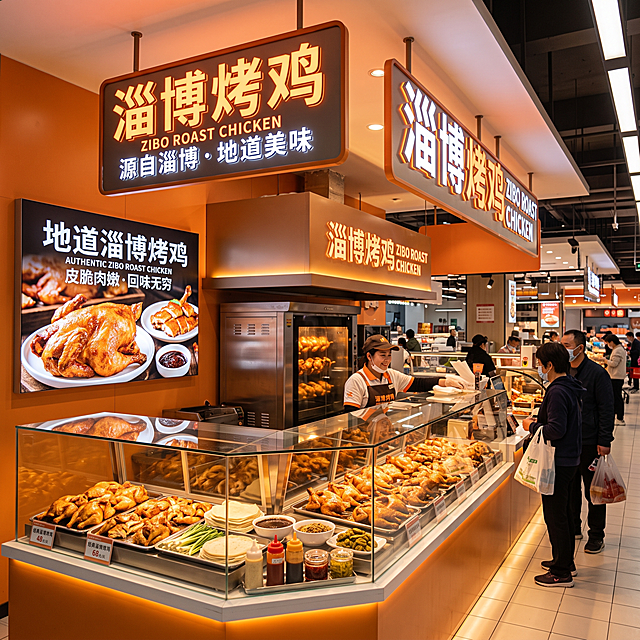 第六次重新生成，淄博烤鸡在大卖场的熟食店中店场景图，暖橙商业色调，必须包含灯箱、发光字和发光广告吊楣，柜台陈列淄博烤鸡产品，干净明亮的商超熟食售卖环境，保留参考布局，1:1比例，4K分辨率
