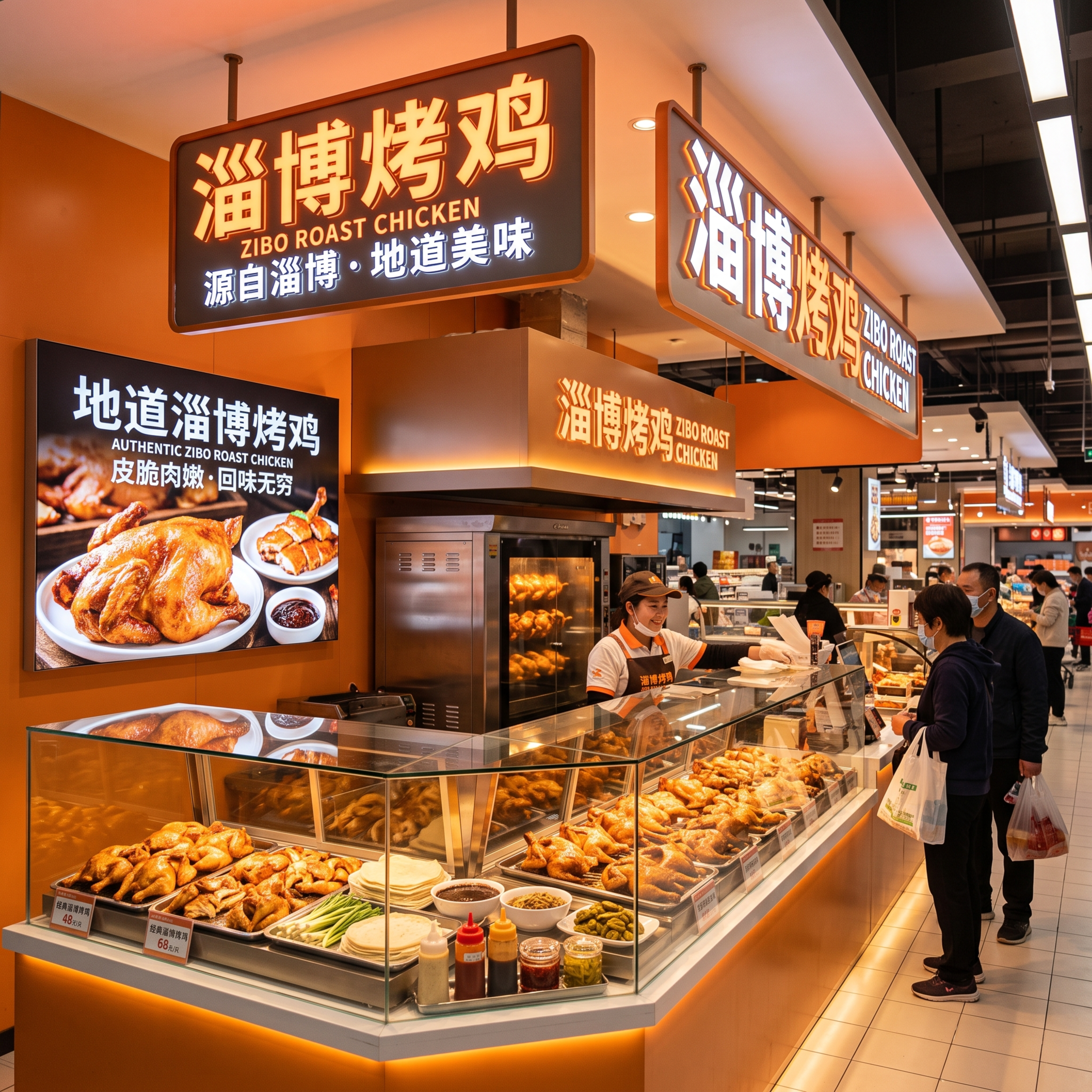 第六次重新生成，淄博烤鸡在大卖场的熟食店中店场景图，暖橙商业色… - 图片创意预览