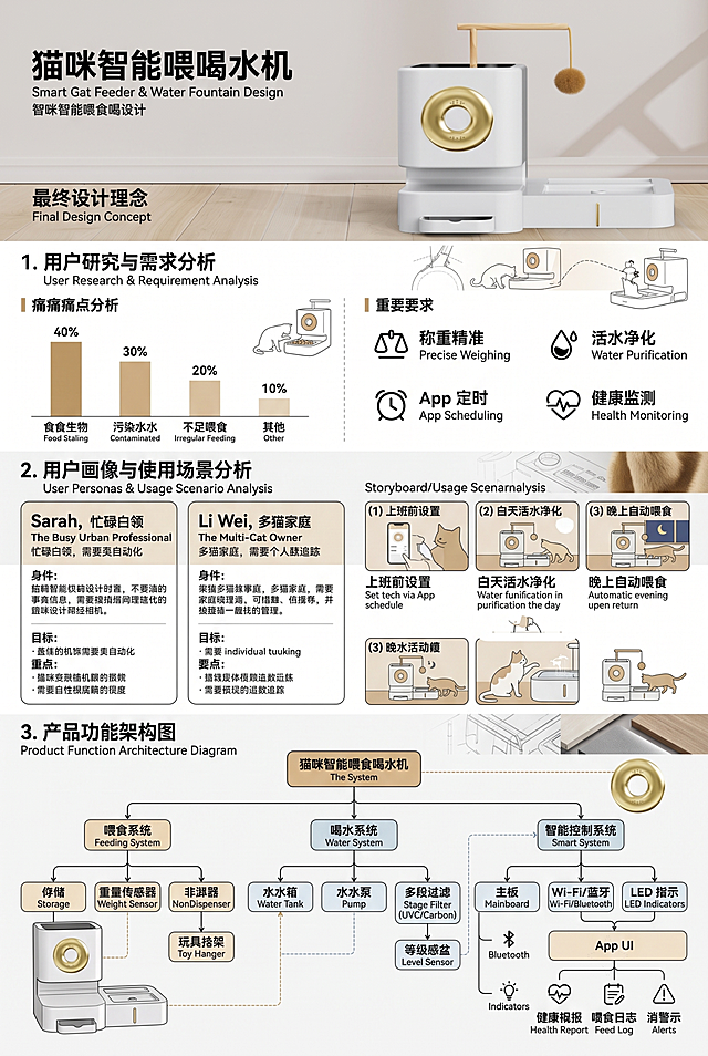 「图片1」生成两张A3版面设计，猫咪智能喂食喝水机，排版设计包含：用户研究与需求分析：
用户画像与使用场景分析：产品功能架构图；系统逻辑流程图：产品草图与方案推导：产品效果图；APP交互界面设计；智能家居系统联动方案：