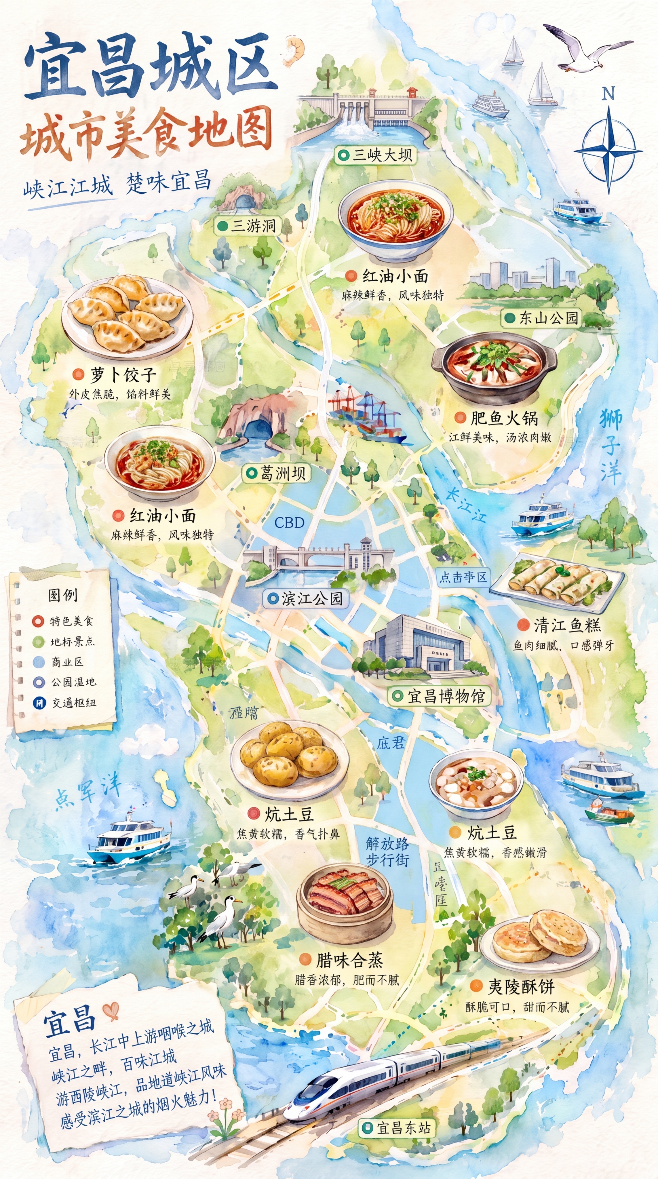 竖版9:16，水彩手绘风格的宜昌城区美食地图，风格和参考图广州… - 图片创意预览