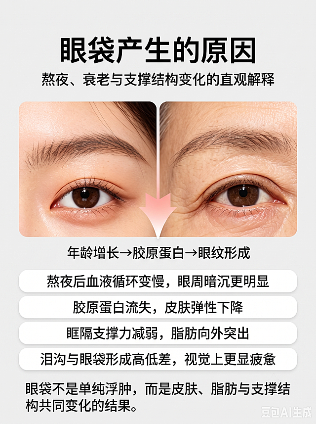 把图中人物位置替换为第三张图片左右两人的眼部对比画面，将主标题文案改为“眼袋产生的原因”并重新排版，保持小红书3:4比例，保留其余原有文案和排版