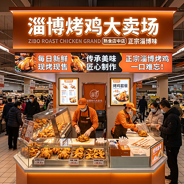 第五次重新生成，淄博烤鸡大卖场熟食店中店场景图，整体暖橙配色，设计要求必须包含发光灯箱、发光字招牌和广告形象吊楣，柜台展示烤鸡产品，明亮整洁，符合线下商超熟食售卖氛围，1:1比例，4K分辨率