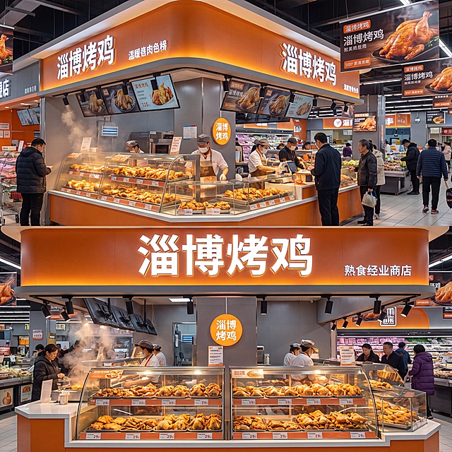 第八次重新生成，淄博烤鸡在大卖场中的熟食店中店场景图，参考原布局结构，暖橙暖灰商业配色，要求画面包含清晰的灯箱、发光字和发光广告吊楣，柜台整齐陈列淄博烤鸡产品，工作人员在柜台后方，整体干净明亮，符合商超熟食售卖的烟火氛围，严格1:1比例，4K分辨率
