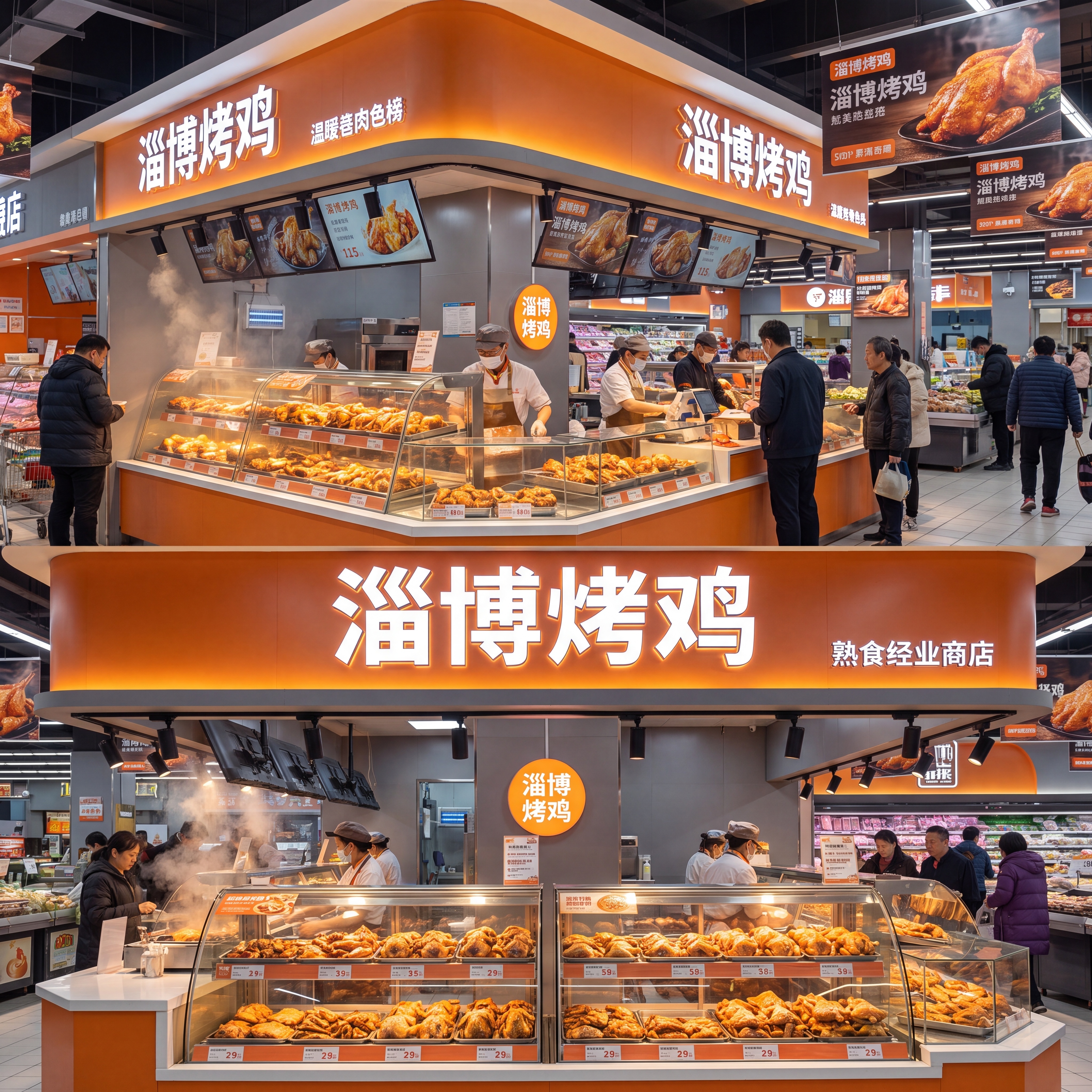 第八次重新生成，淄博烤鸡在大卖场中的熟食店中店场景图，参考原布… - 图片创意预览