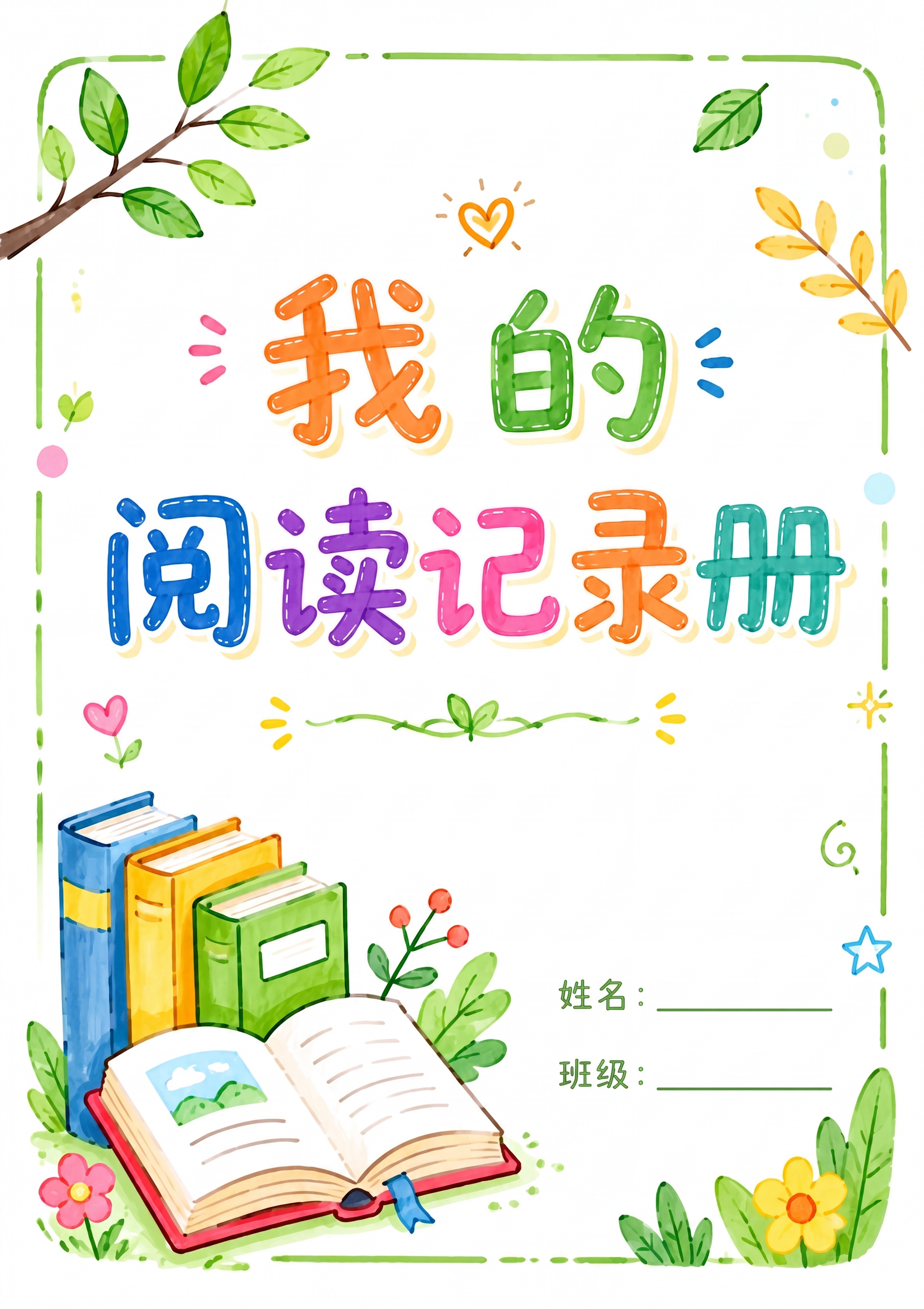 参考原图水彩手绘风格，制作我的阅读记录册封面，保留绿色枝叶边框… - 图片创意预览