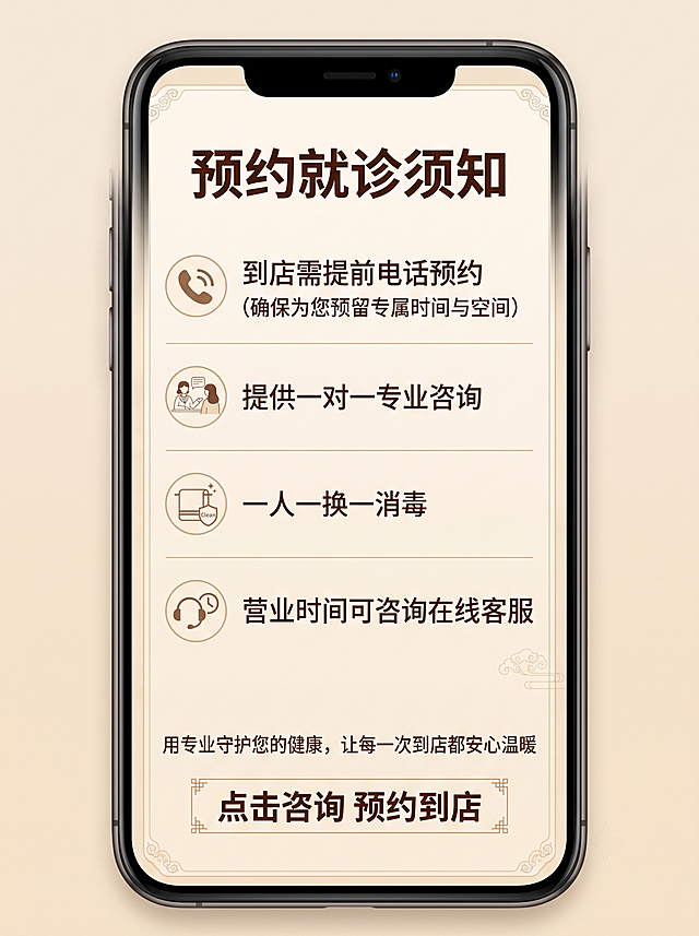 [第9屏] 预约须知与就诊指引页。氛围风格：简洁明了中式设计，温馨专业。元素布局：顶部标题，下方分点列出须知内容，底部品牌 slogan 和行动号召。文字内容：包含①到店需提前电话预约 ②提供一对一专业咨询 ③一人一换一消毒 ④营业时间可咨询在线客服，底部行动号召「点击咨询 预约到店」。光影质感：均匀柔和光线，文字清晰。配色色系：全局底色 #F5EADC，主色深棕，辅助色浅棕分割线。视角构图：纵向排版，信息层级清晰。文字版式：主标题「预约就诊须知」加粗居中，每条须知前面配圆形小图标，行间距宽松，文字大小适合移动端清晰阅读，底部行动号召加粗突出。比例分辨率：3:4竖版比例，4K分辨率，文字清晰可辨，高清画质。负向提示词：文字错乱，排版拥挤，文字过小，颜色偏差