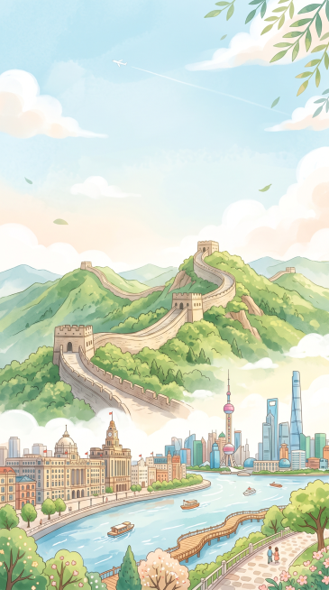 北京和上海结合的城市旅游背景图，包含长城和外滩元素，清新治愈风格，适合作为小红书笔记背景，留白方便后续添加文字预览效果