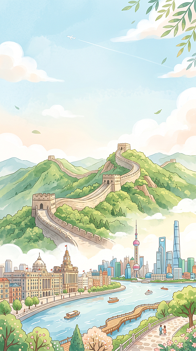 北京和上海结合的城市旅游背景图，包含长城和外滩元素，清新治愈风格，适合作为小红书笔记背景，留白方便后续添加文字