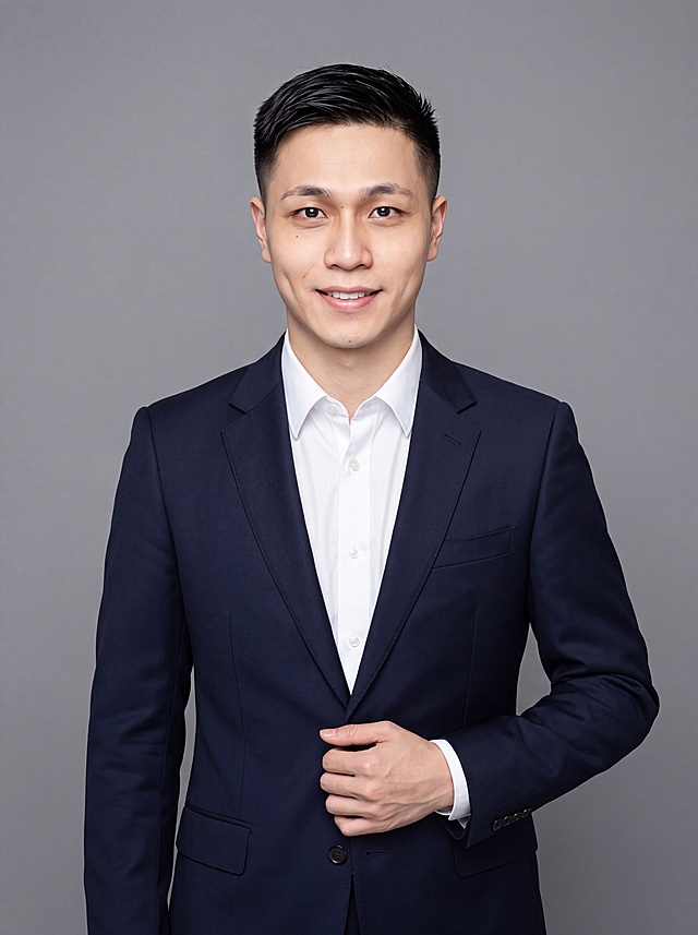 参考图中保留人物脸型、发型、年龄等特征生成职场形象照,标准焦段50mm,f/4光圈(f/2.8-f/4区间),平视视角(镜头与人物视线齐平);人物占画面70%,人物居中(居中构图),位于画面中心,为视觉聚焦点,入境范围头部及以下至臀部下方10cm(半身像);左右留少量背景空间;头部与画面顶部保留5%空间;头部发型完整,头肩比例协调,人物结构准确;身穿藏青色精纺羊毛混纺西装外套,(平驳领设计,面料呈细腻微微哑光质感);内搭白色高支精梳棉衬衫;下装藏青色精纺羊毛混纺西裤;着装正式干练;专业稳重;身形匀称,姿态端正,身体挺拔。呈自然站姿，右手轻握西装前襟，肢体放松且自信;发质微微柔顺，微微蓬松。简约微微中度灰色纯色背景(呈现均匀柔和质感),背景光线均匀柔和,强化色彩对比的高级感。极简干净;画质超高分辨率、细节清晰,现代精致感风格;肤质精细化处理;眼神直视镜头,目光坚定且澄澈,表情自然。嘴角上扬;肤质自然细腻,肤色健康均匀,皮肤状态清爽干净,保留真实皮肤细节｡正面柔光补光,4800K中性光,面部光比1:1.5｡中近景写实摄影,对焦清晰,面部雾面柔光,轻透裸肌感,高清保留皮肤细节｡分辨率4K,去除人物之外的所有元素。严格按照图片内容生成。画面比例3:4