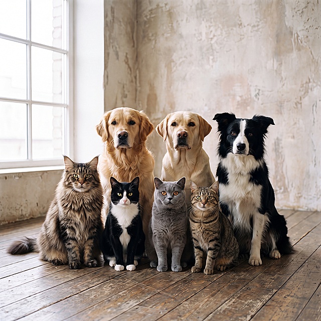几只猫咪和狗狗坐在一起，猫狗毛发清晰真实自然，画面中只有猫狗没有其他元素，光线明亮简单，没有复杂光影变化，真实摄影风格