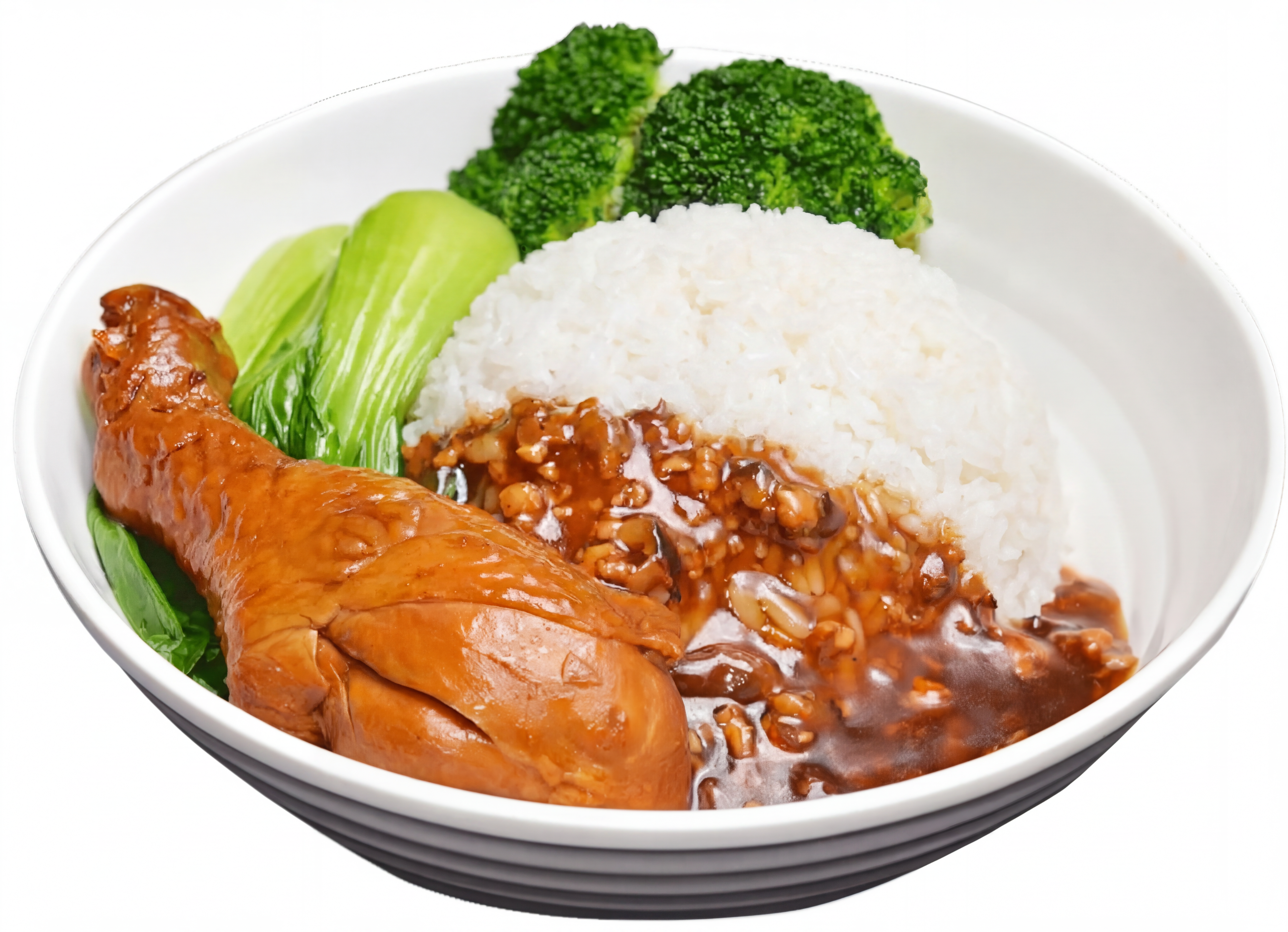 在肉酱上面添加米饭，保持整体构图和其他食材（鸡腿、西兰花、青菜… - 图片创意预览