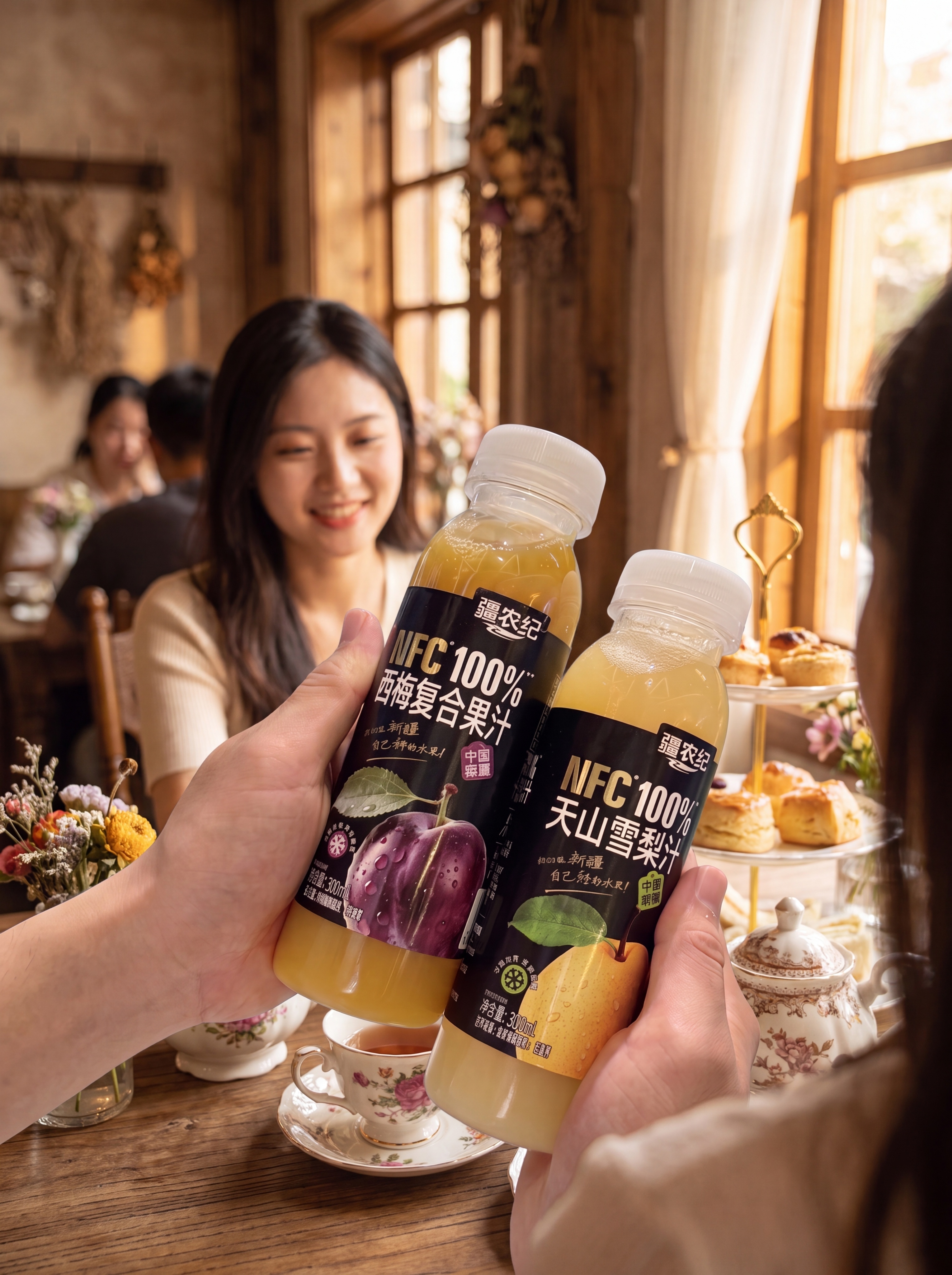 保留双手拿两瓶果汁，放在下午茶餐厅餐桌，闺蜜小聚，女生举杯展示… - 图片创意预览