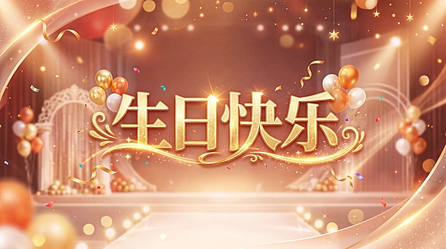 员工生日会生日快乐背景图，设计大气温馨，只保留醒目的中文艺术字"生日快乐"，删除CORPORATE BIRTHDAY CELEBRATION和COMPANY文字，整体色调温暖喜庆，适合作为大型活动舞台背景，宽高比例为12:7，风格简约高级
