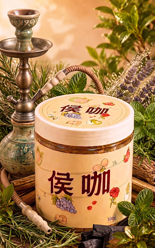 保留罐子、草料和木头背景，去除右边的茶壶和左下角的茶叶碗，将左侧的水烟壶更换为复古陶瓷款式的水烟壶，保持整体风格和光照自然融合