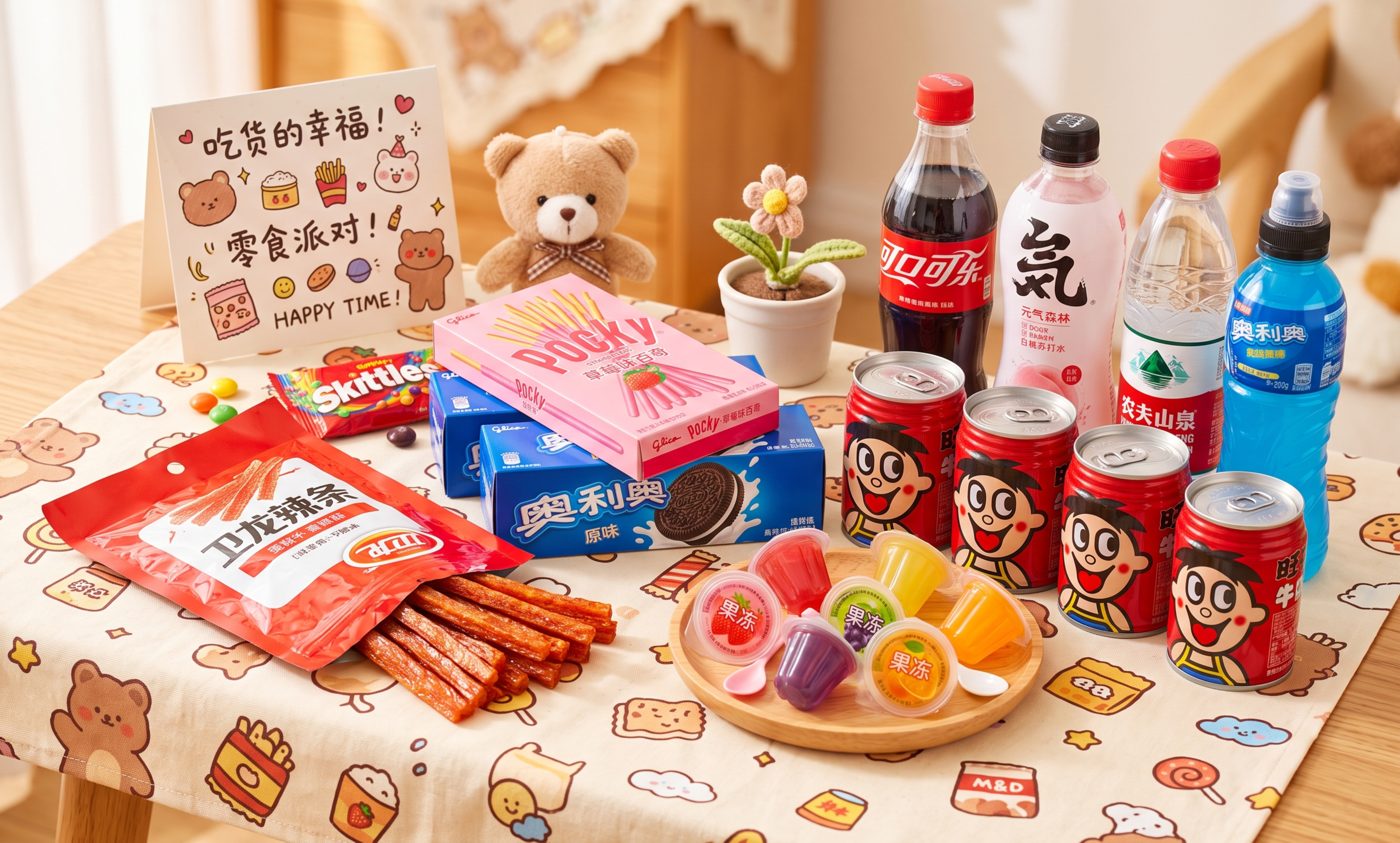 一张零食饮料主题的图片，包含辣条，盒装饼干，旺仔牛奶，瓶装饮料… - 图片创意预览