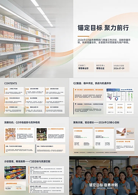 超市零售行业季度工作规划汇报商务风内部汇报PPT套装