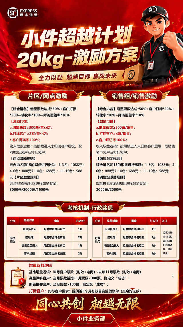 修改海报主标题为：小件超越计划20kg-激励方案，保持原海报整体红金配色风格不变，保持顺丰logo、其他正文内容、排版布局、卡通快递员形象全部不变，仅修改标题文字。