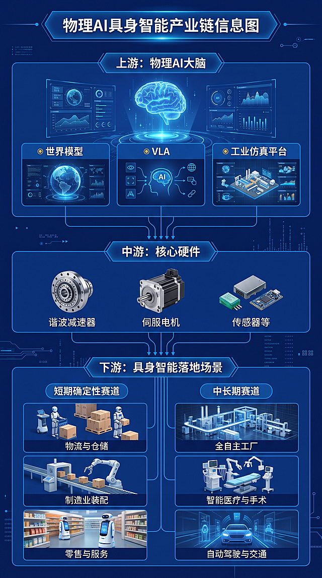 产业链信息图，9:16竖版，清晰分层展示物理AI具身智能产业链：分为上游物理AI大脑（标注世界模型、VLA、工业仿真平台）、中游核心硬件（标注谐波减速器、伺服电机、传感器等）、下游具身智能落地场景（分别标注短期确定性赛道和中长期赛道），科技金融风格，深蓝主色调，清晰文字排版，突出产业链结构。